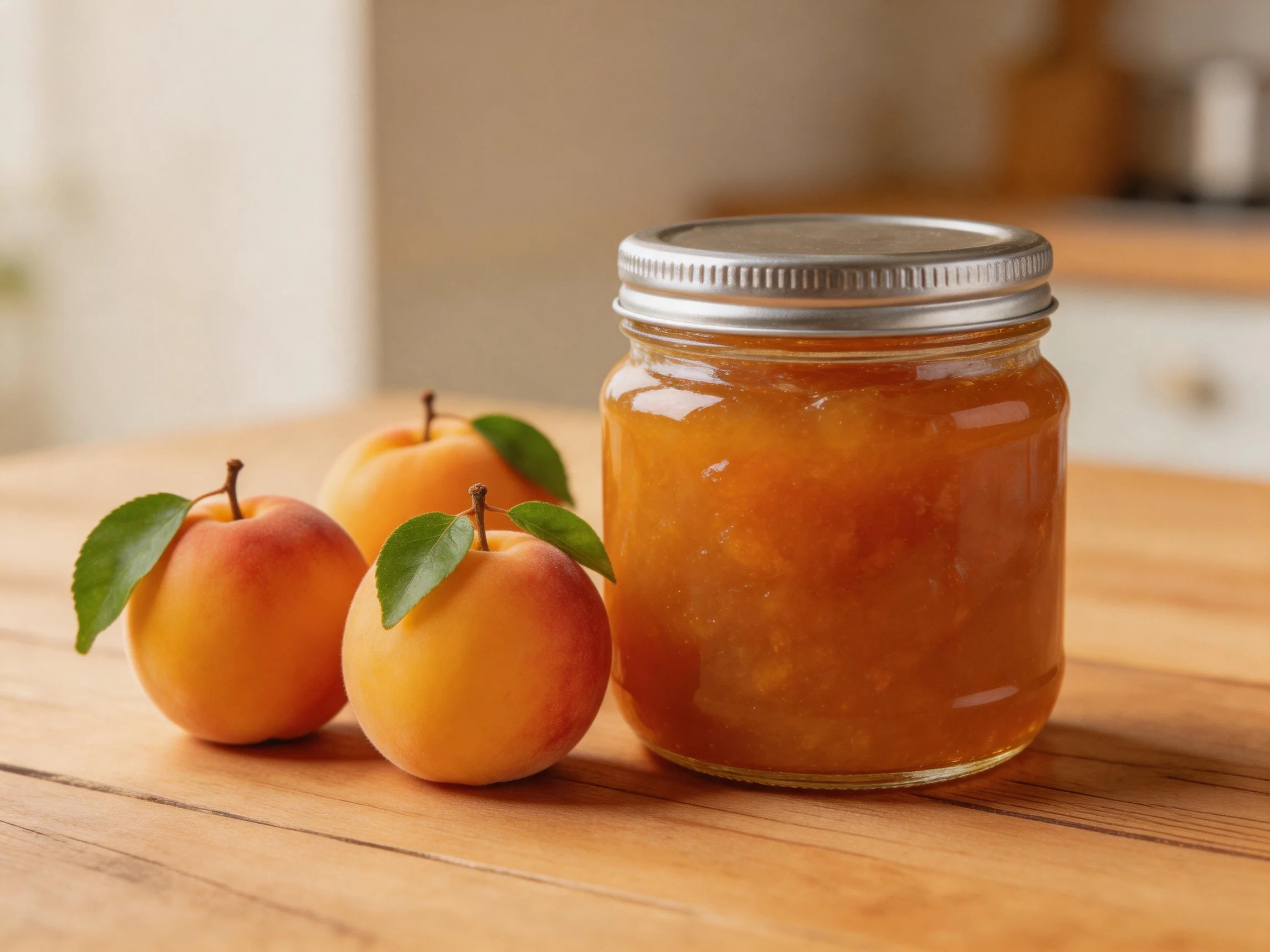 Three fresh apricots sit next to a glass jar of orange jam