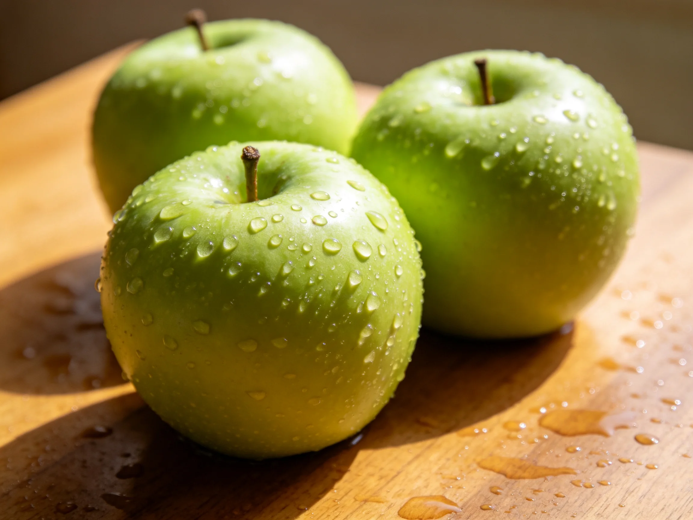 Three fresh green apples with water droplets on a wooden cutting board