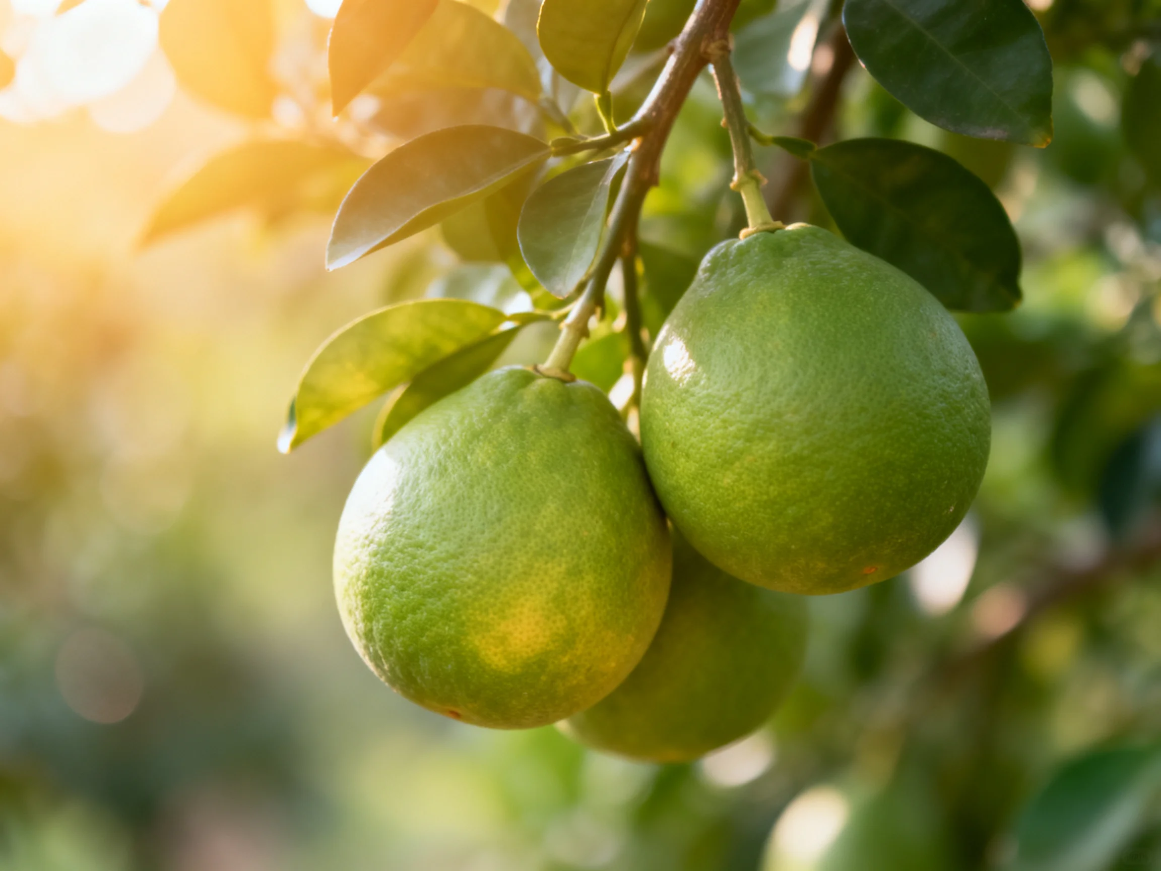 Three fresh green citrus fruits hang from a leafy tree branch in warm sunlight