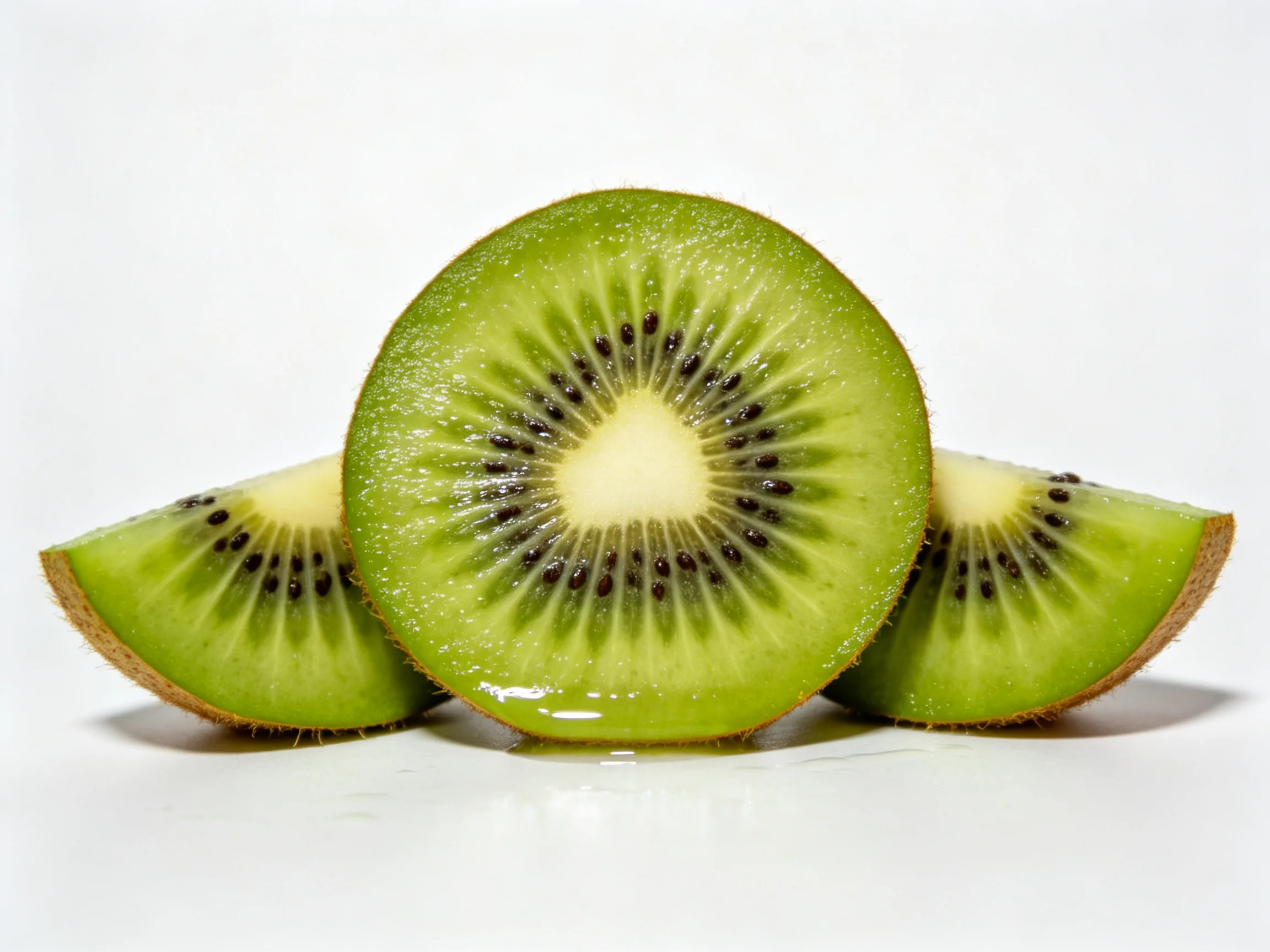 Three fresh green kiwi fruit slices arranged on a white surface