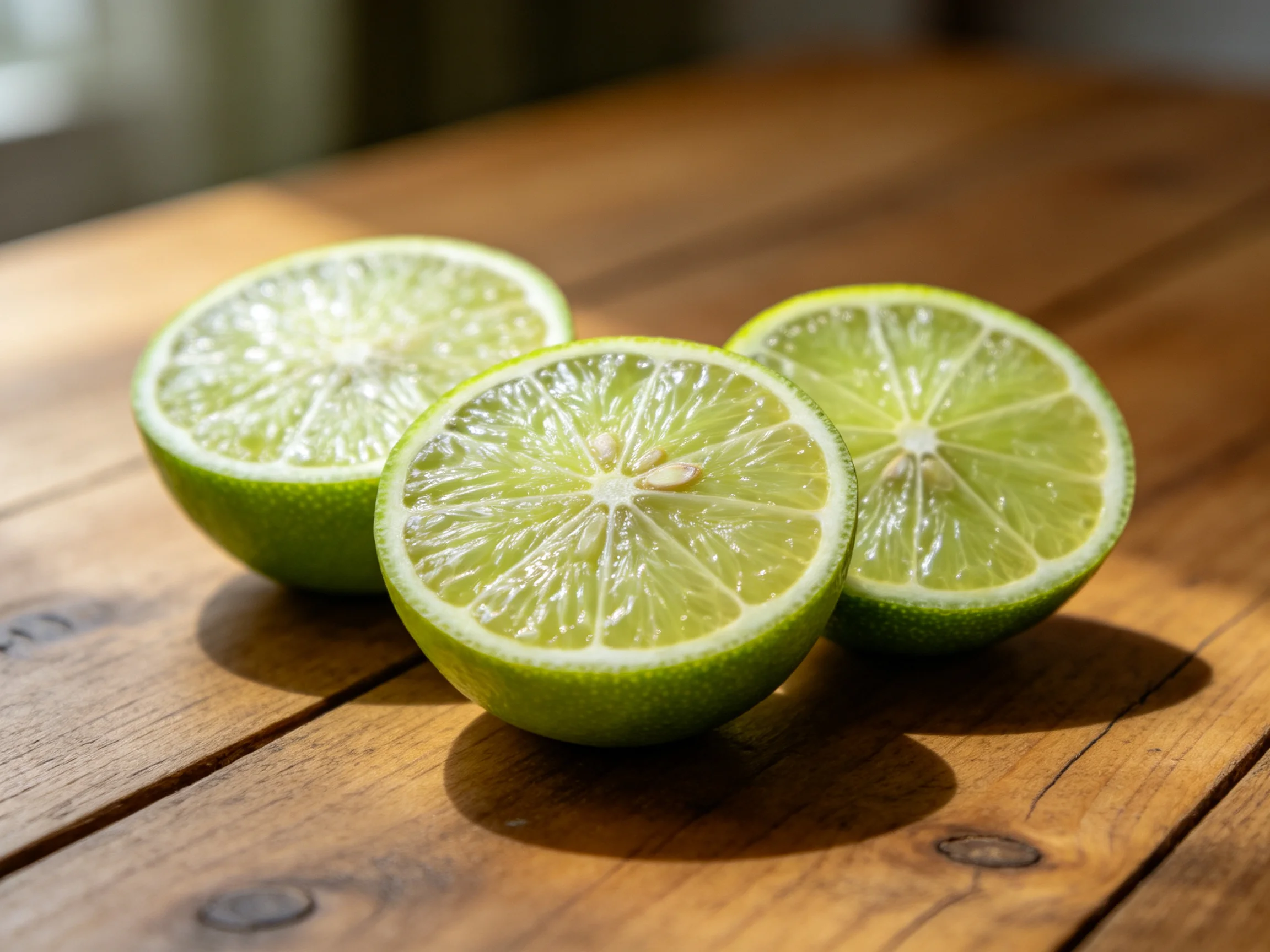 Three fresh green lime halves on a wooden table