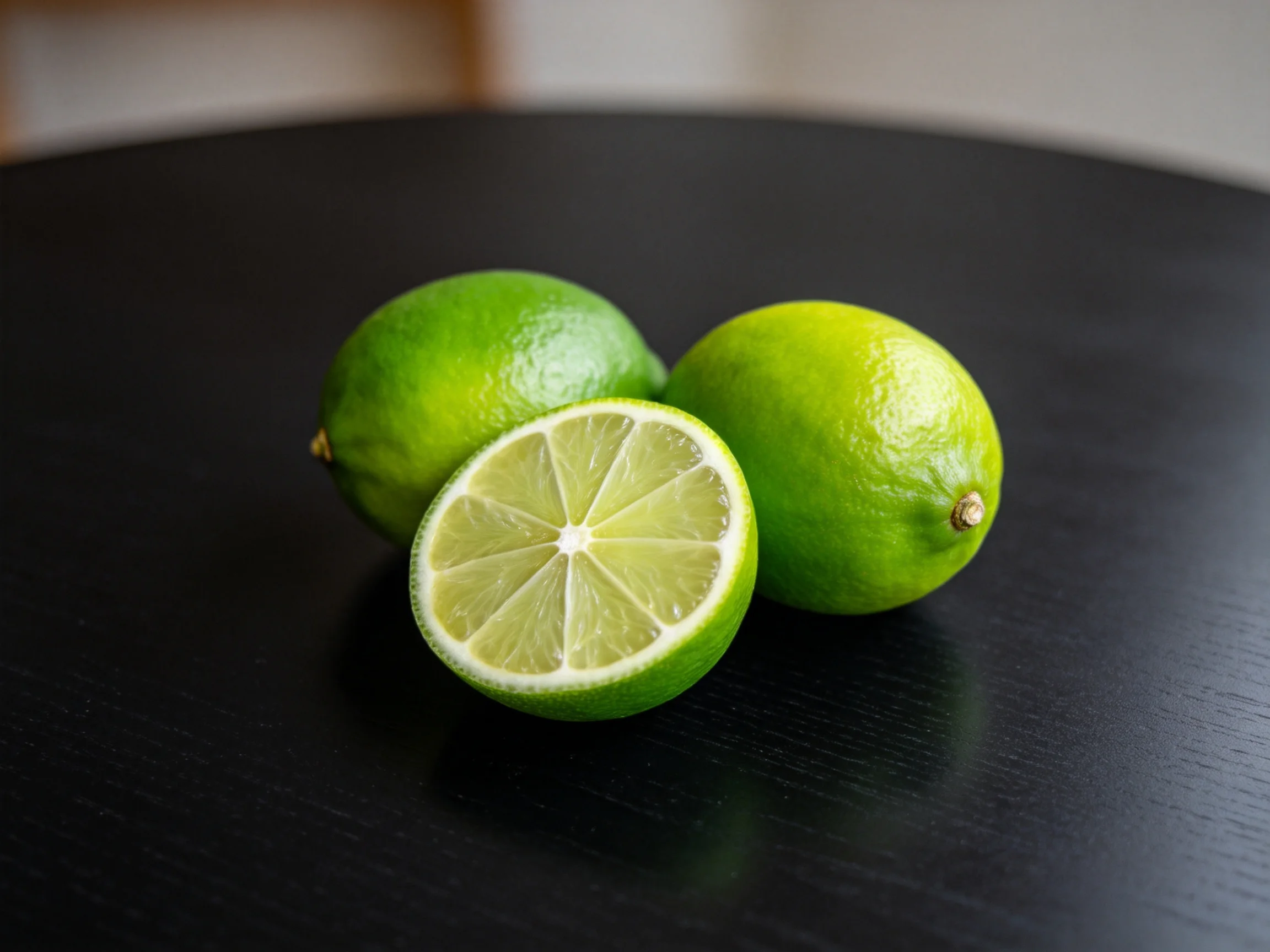 Three fresh green limes, one sliced, on a glossy black table