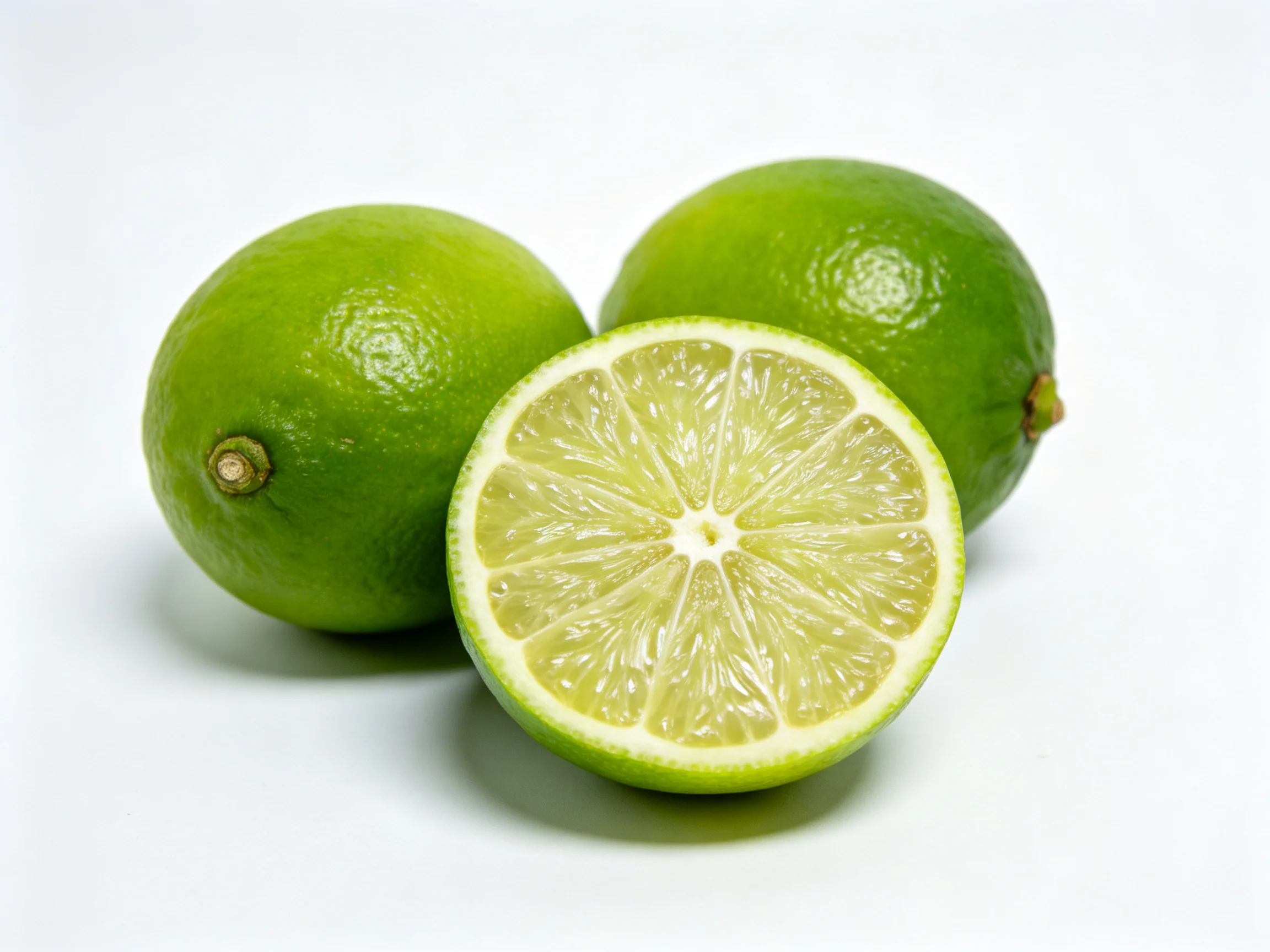 Three fresh green limes, one sliced to show juicy interior