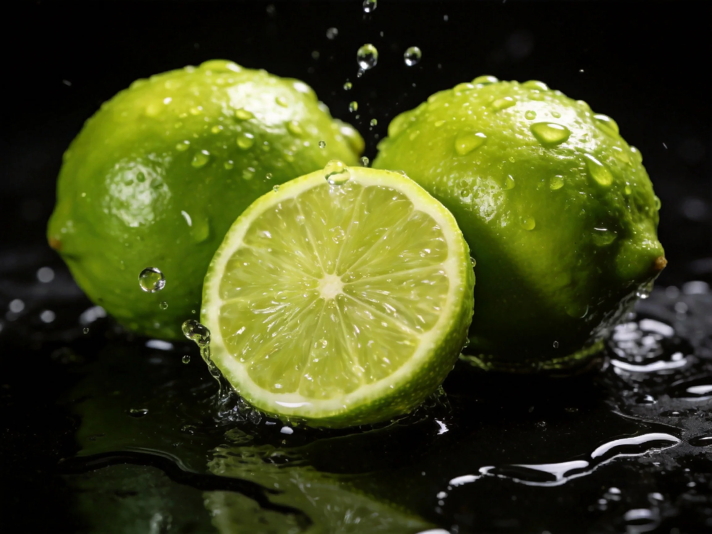 Three fresh green limes with water droplets splashing
