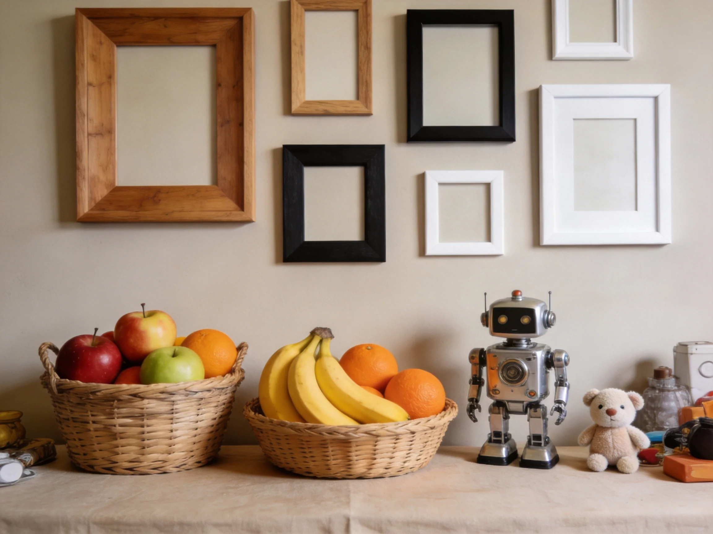Three fruit baskets, a robot, and six picture frames adorn a wall