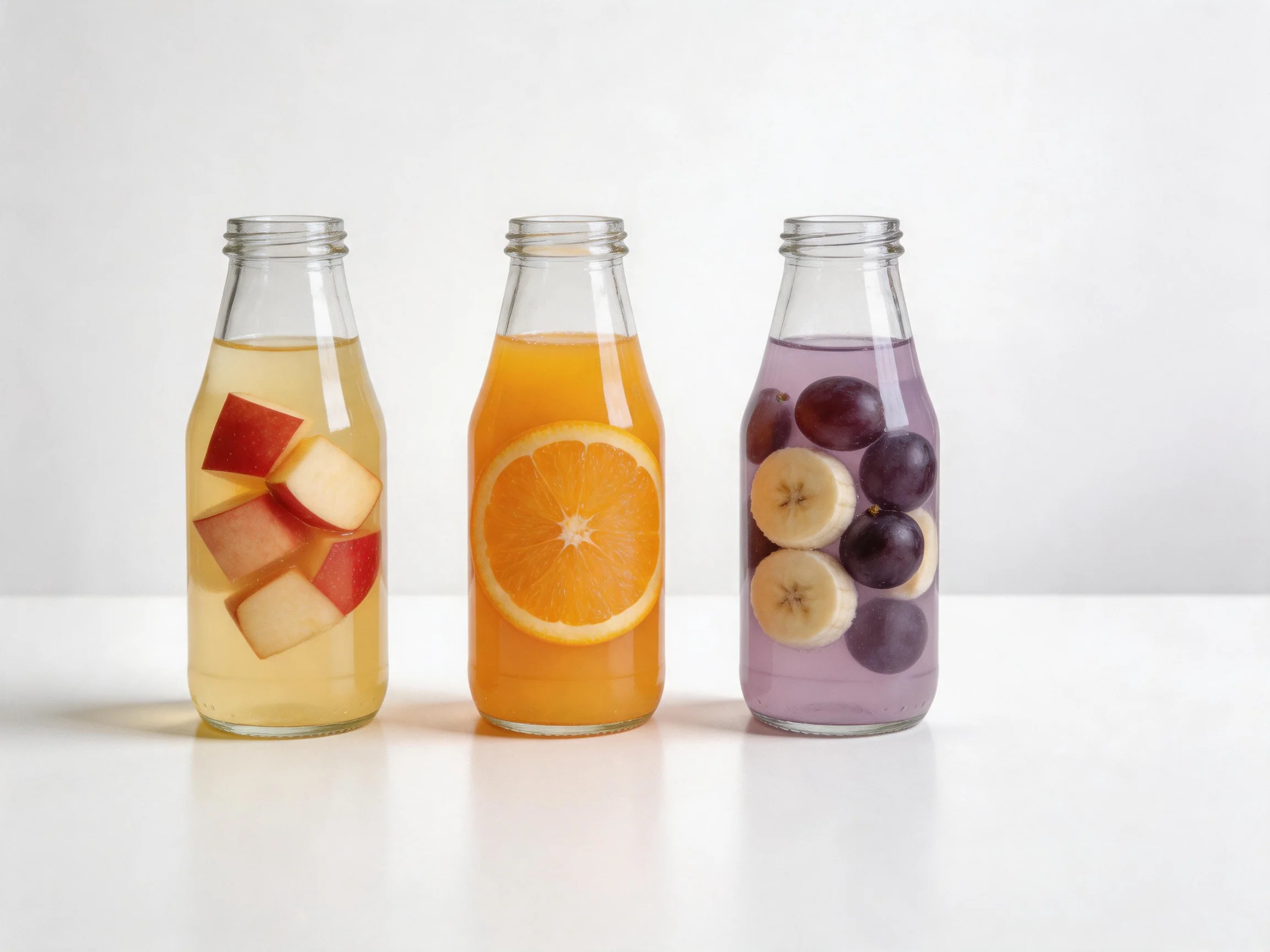 Three glass bottles display fruit-infused drinks with apple, orange, and grape slices