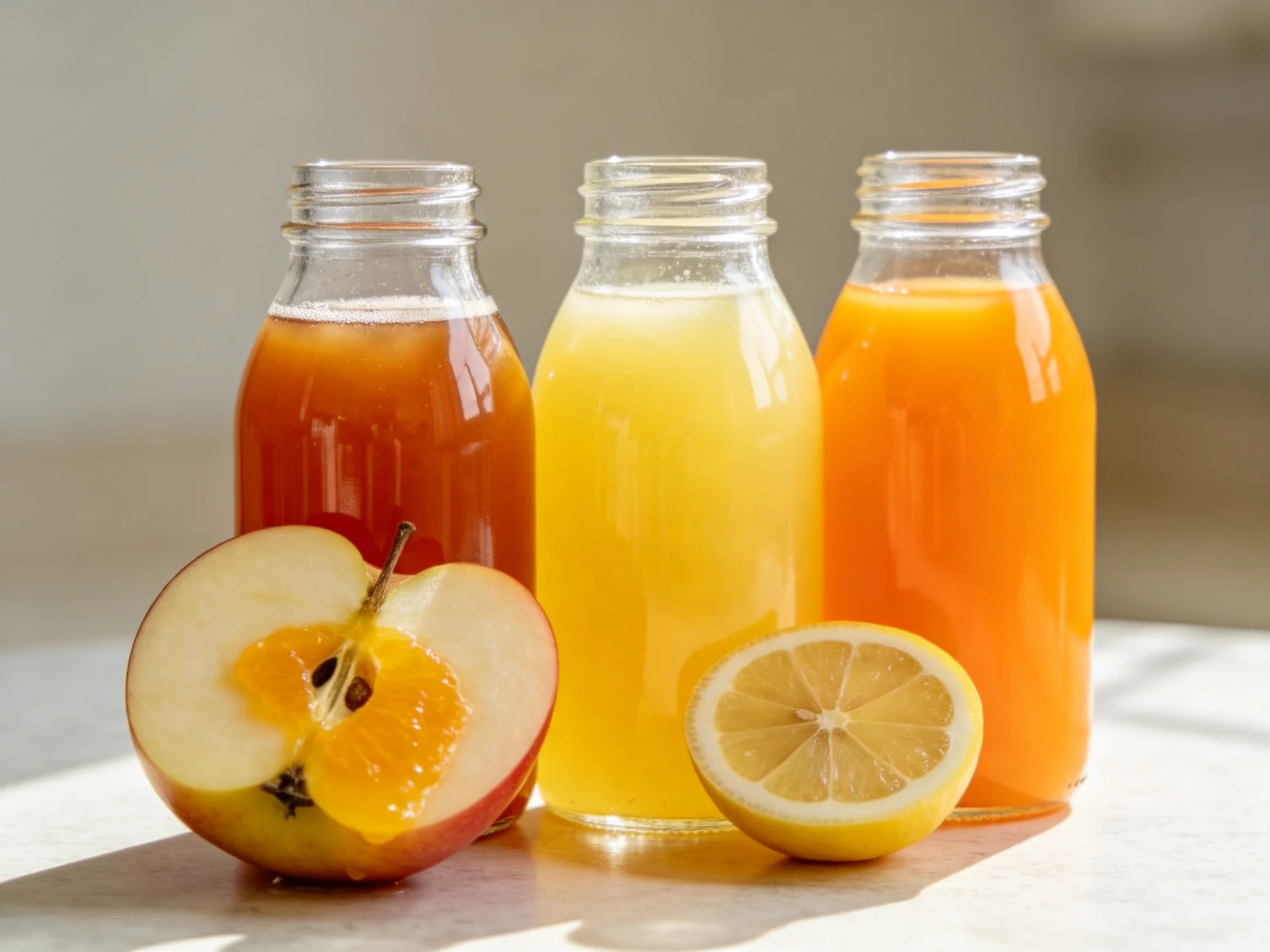 Three glass bottles hold amber, yellow, and orange liquids; fresh fruits nearby.