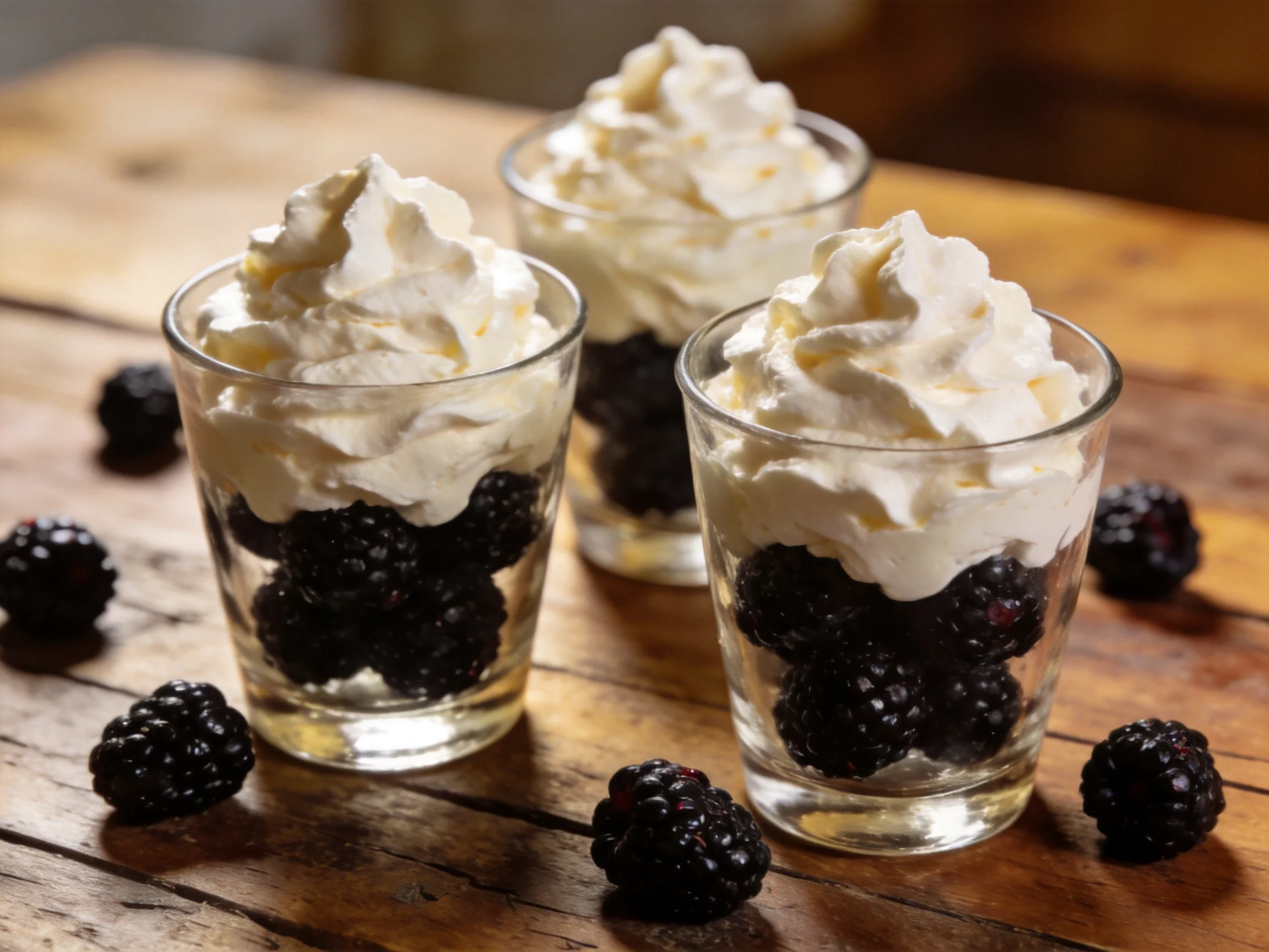Three glass cups filled with blackberries and whipped cream on a wooden surface