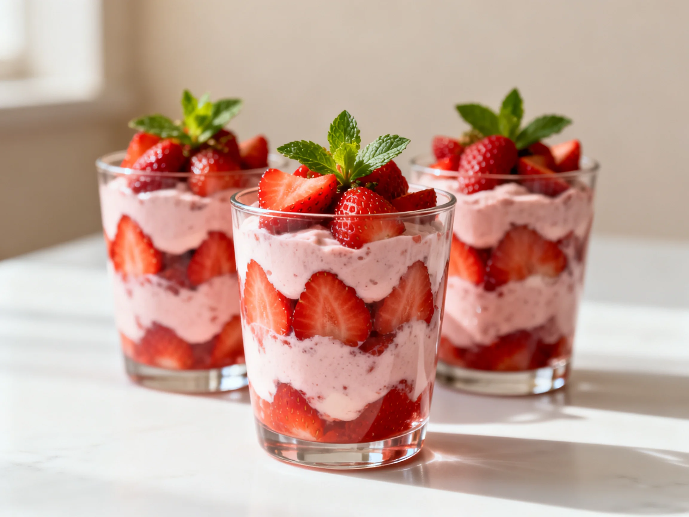 Three glass cups filled with strawberry and pink cream parfaits