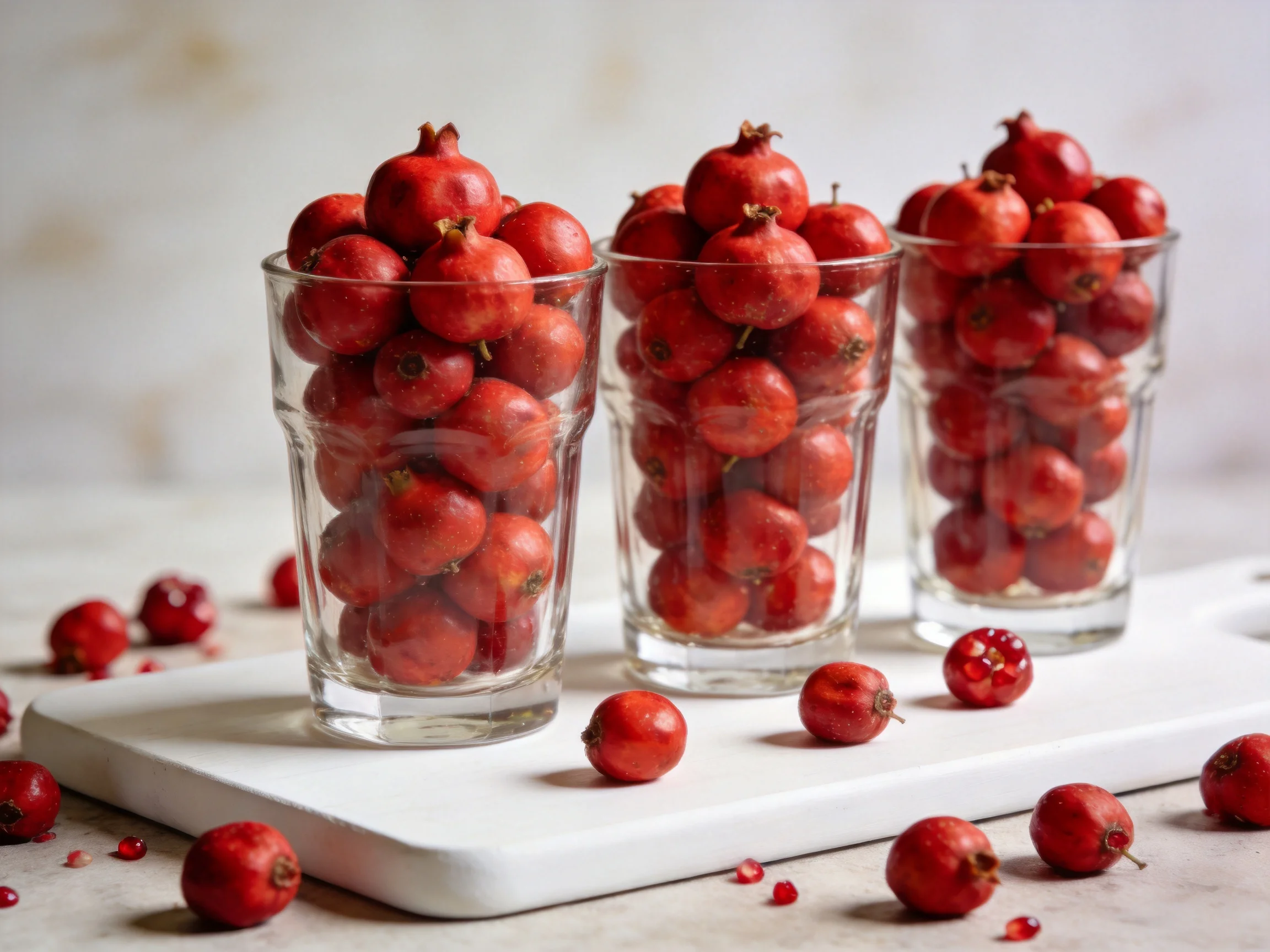 Three glass cups filled with vibrant red berries on a white surface