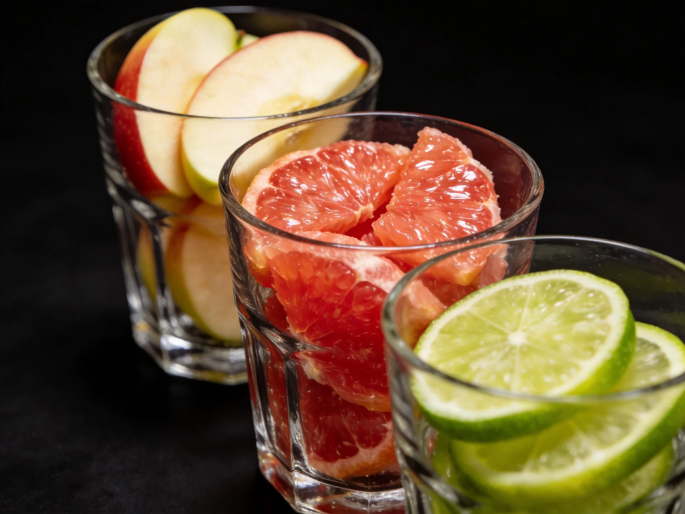 Three glass cups hold sliced apples, pink grapefruits, and green limes
