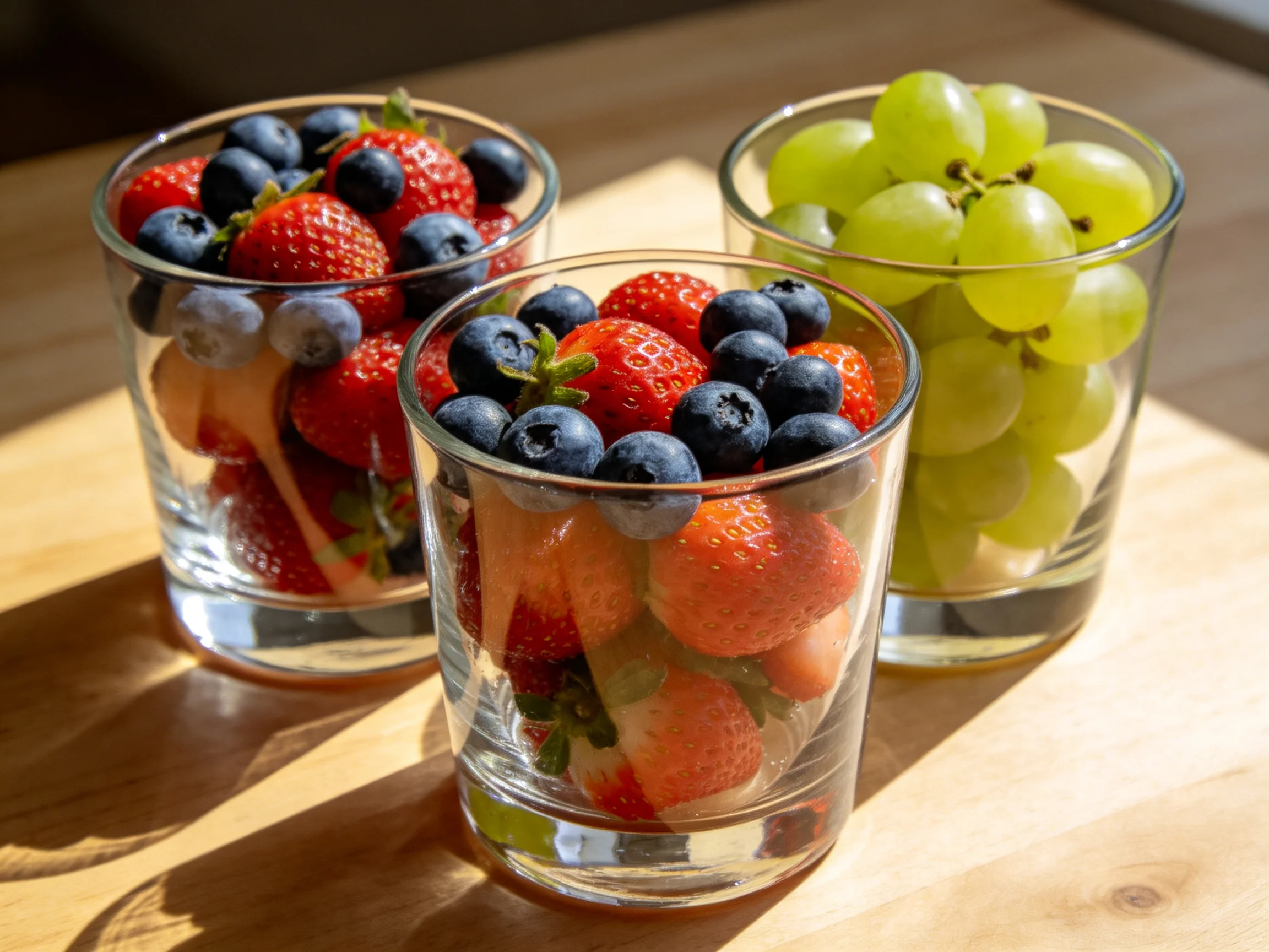 Three glass cups hold strawberries, blueberries, and green grapes