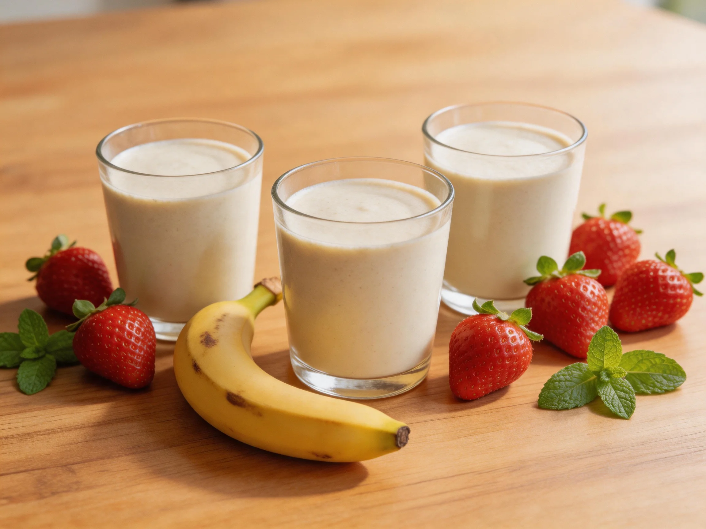 Three glass cups of creamy smoothie with strawberries, banana, and mint on a wooden table