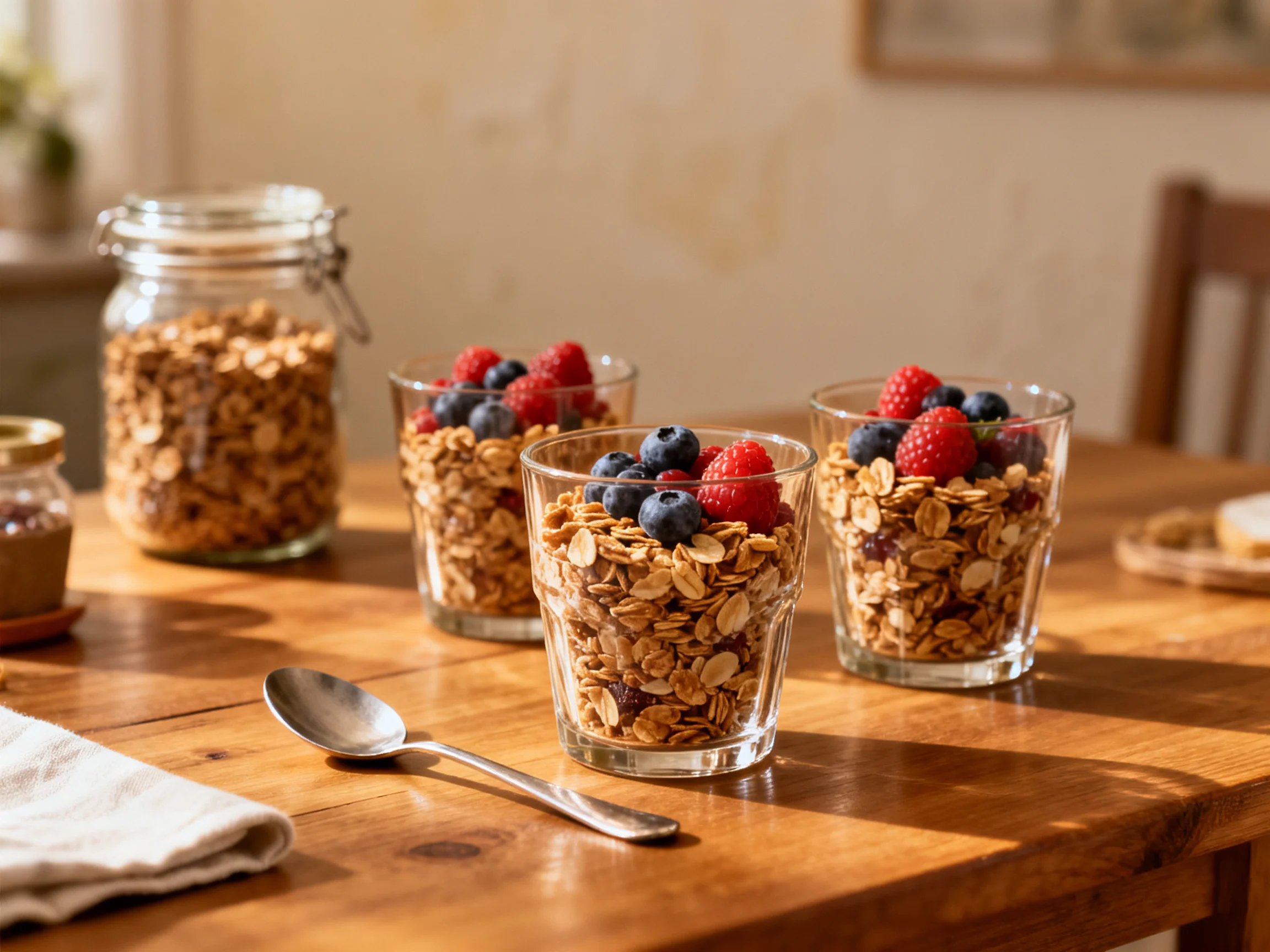 Three glass cups of granola with mixed berries on a wooden table