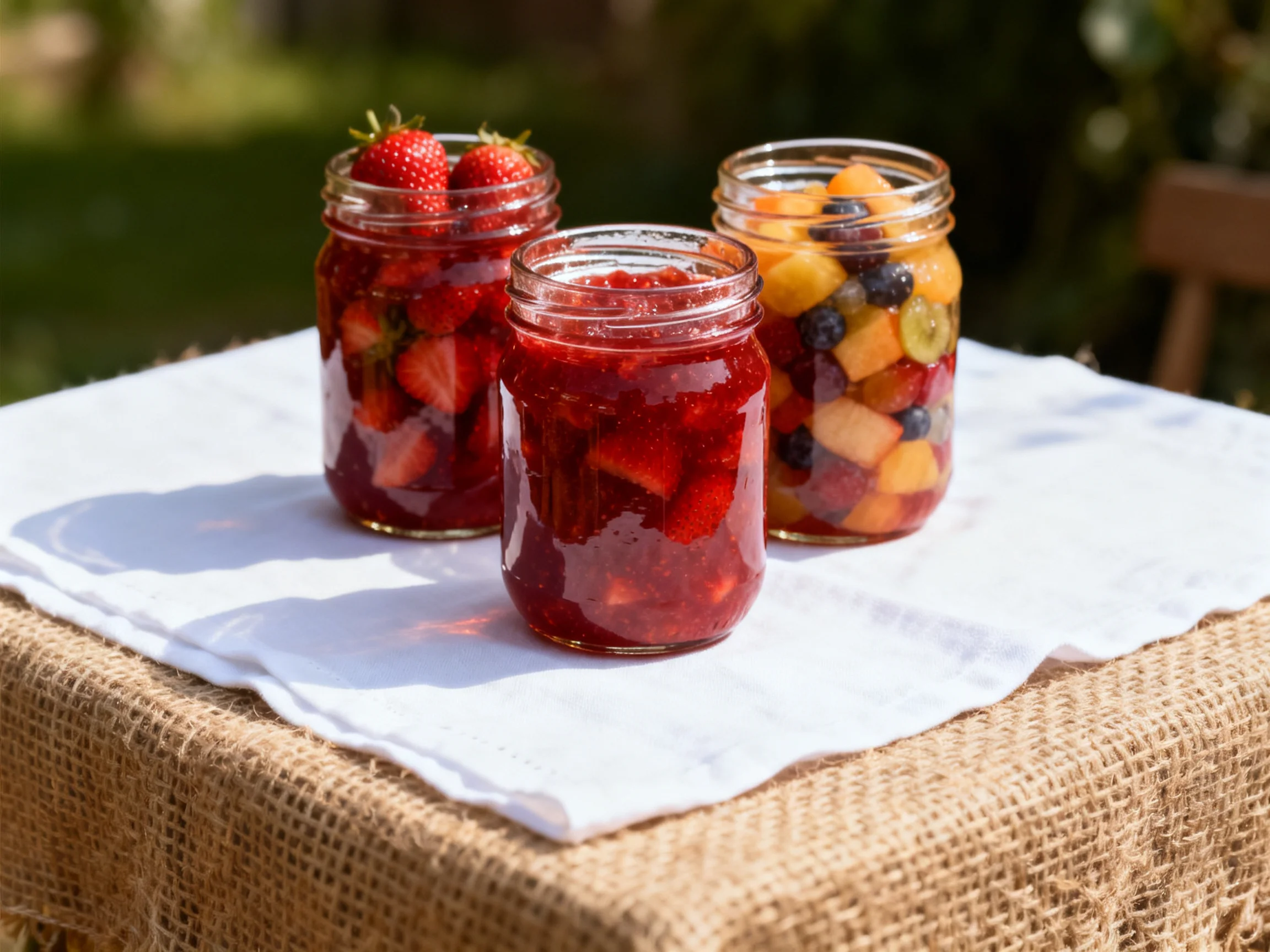 Three glass jars display vibrant strawberry and mixed fruit preserves