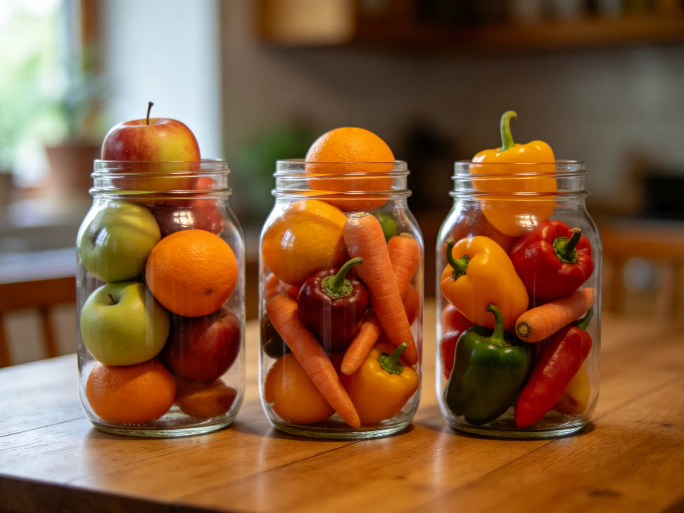 Three glass jars filled with colorful fruits and vegetables on a wooden table