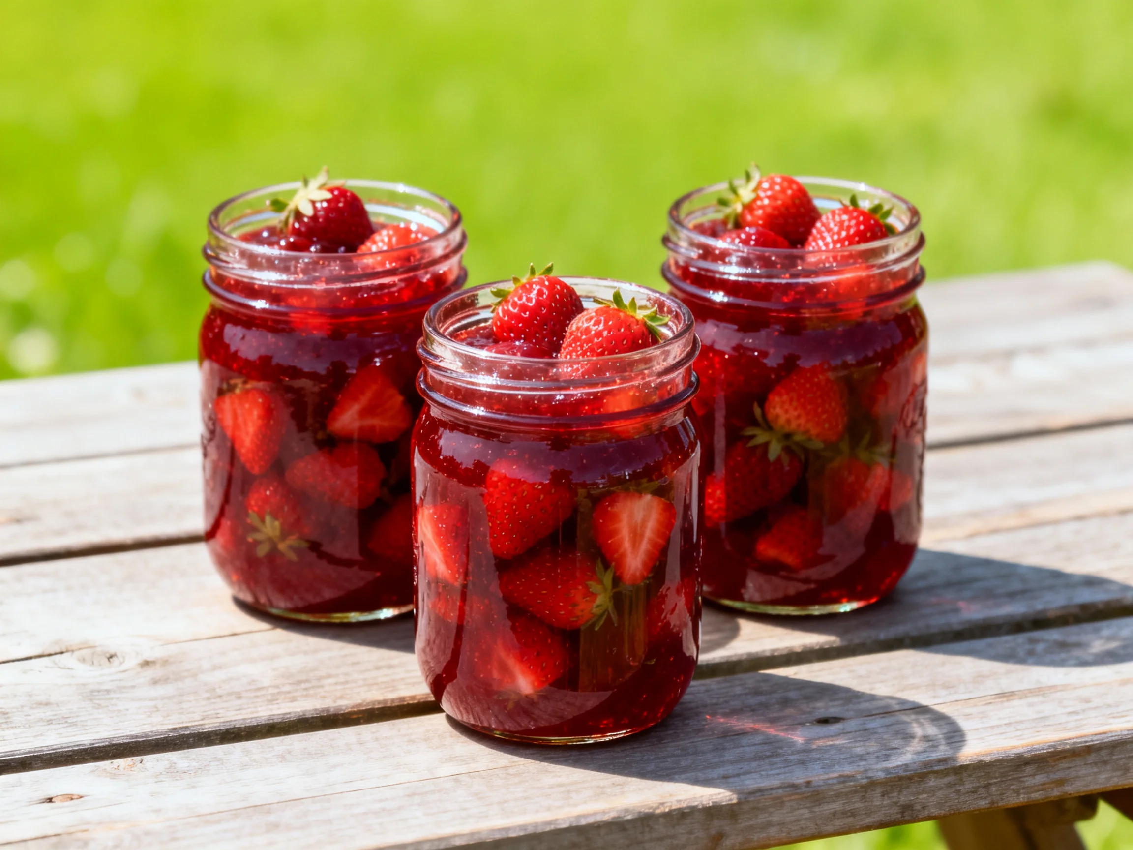 Three glass jars filled with red strawberry preserves on a wooden table