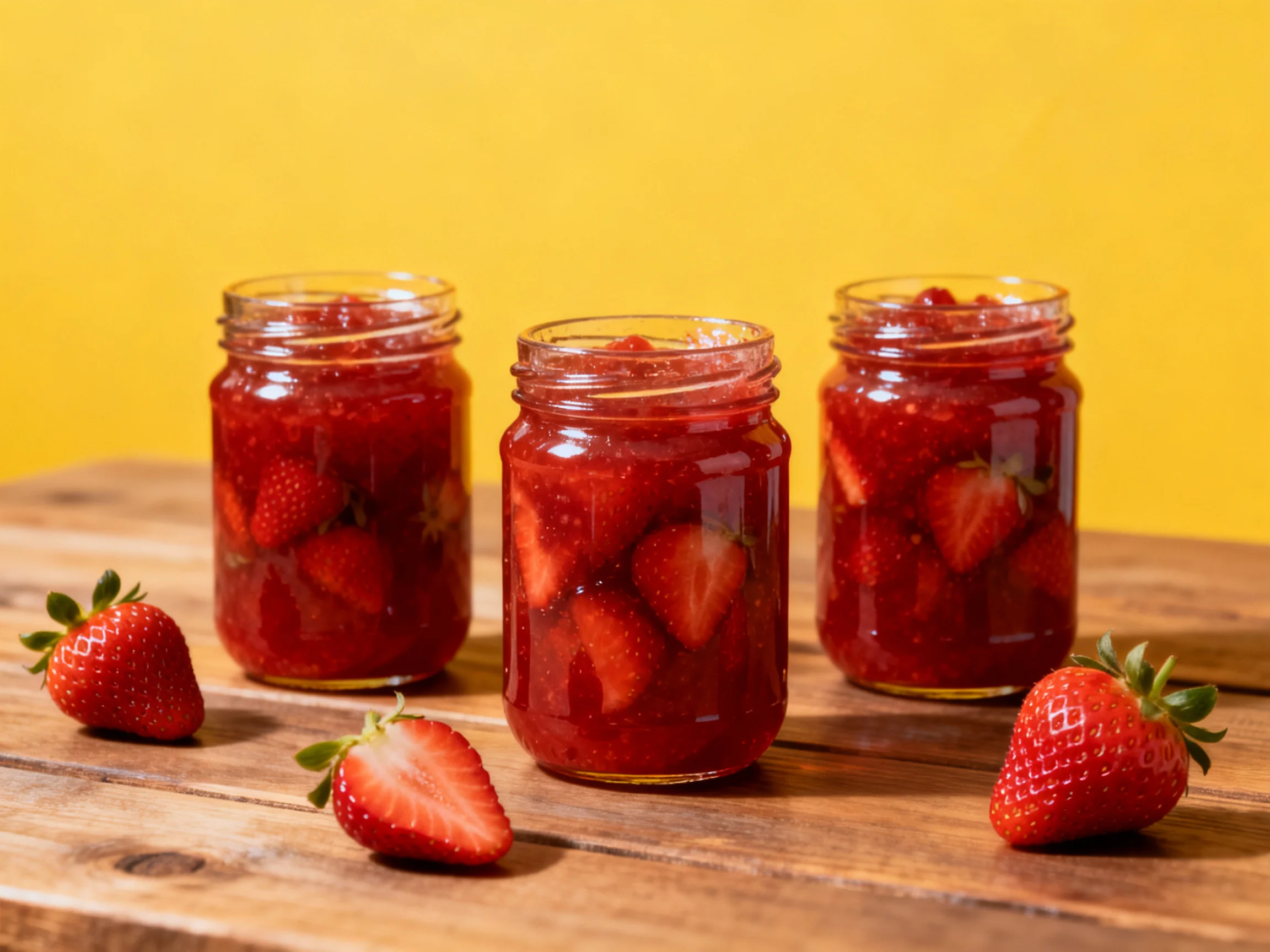 Three glass jars of strawberry jam on a wooden table with fresh strawberries
