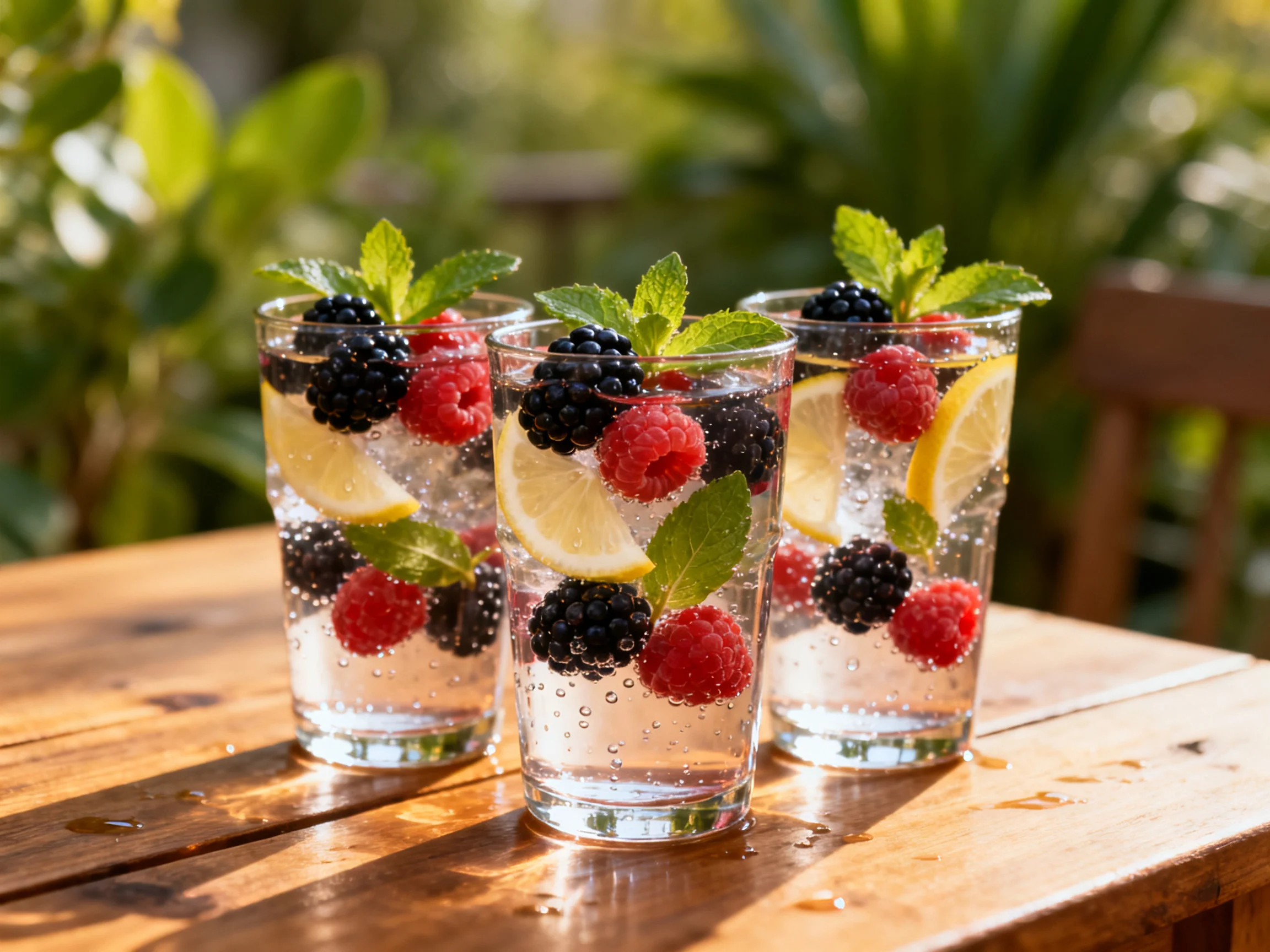 Three glasses of berry lemonade with blackberries, raspberries, and mint