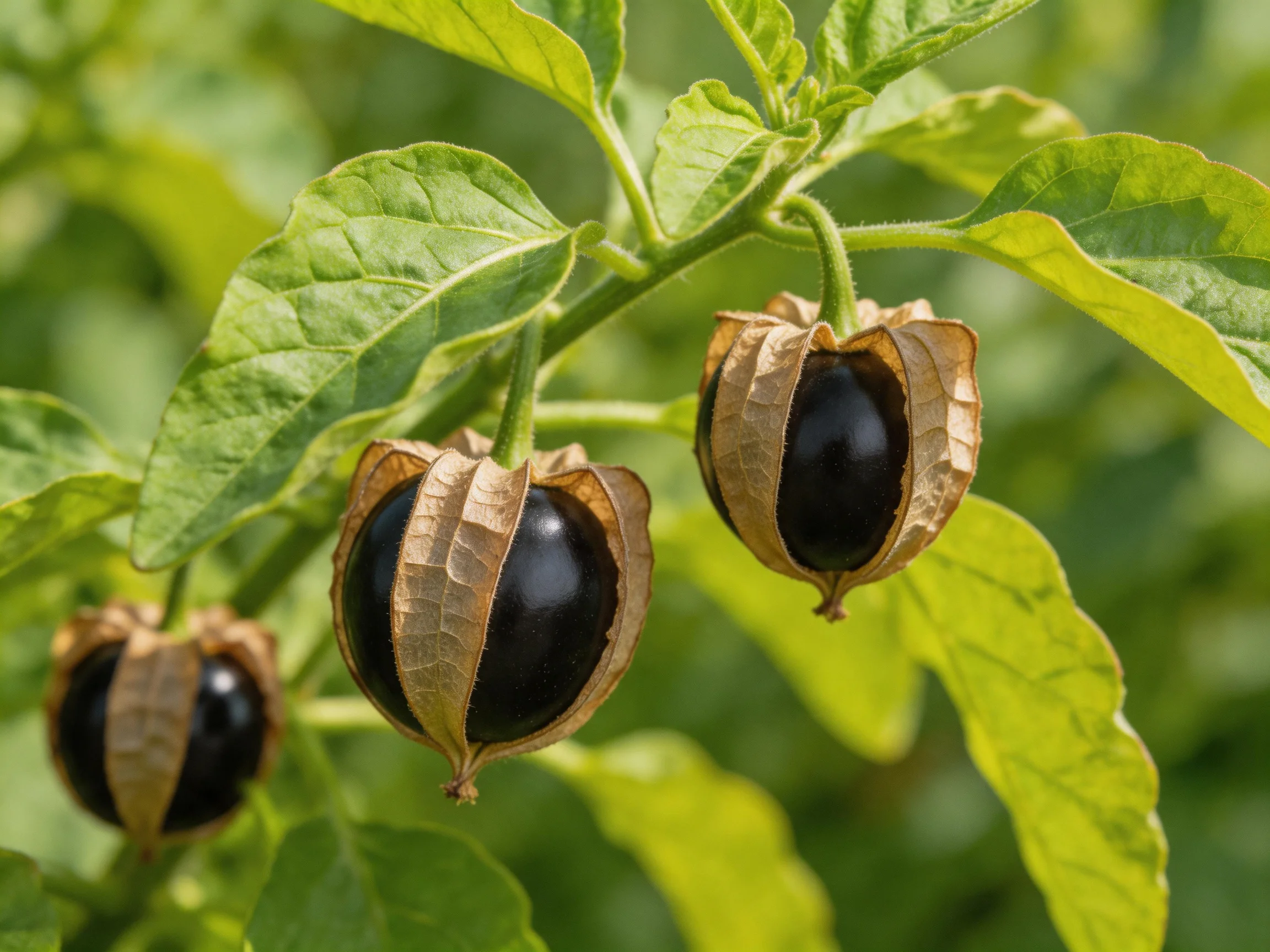 Three glossy black berries in dried husks amidst green foliage