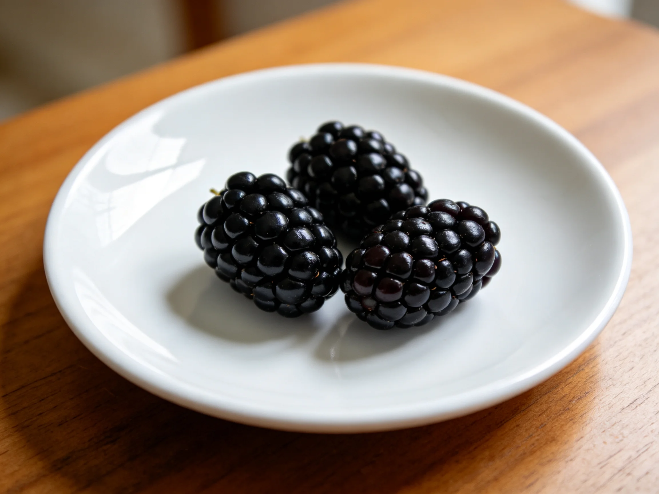 Three glossy blackberries arranged on a small white dish atop a wooden surface