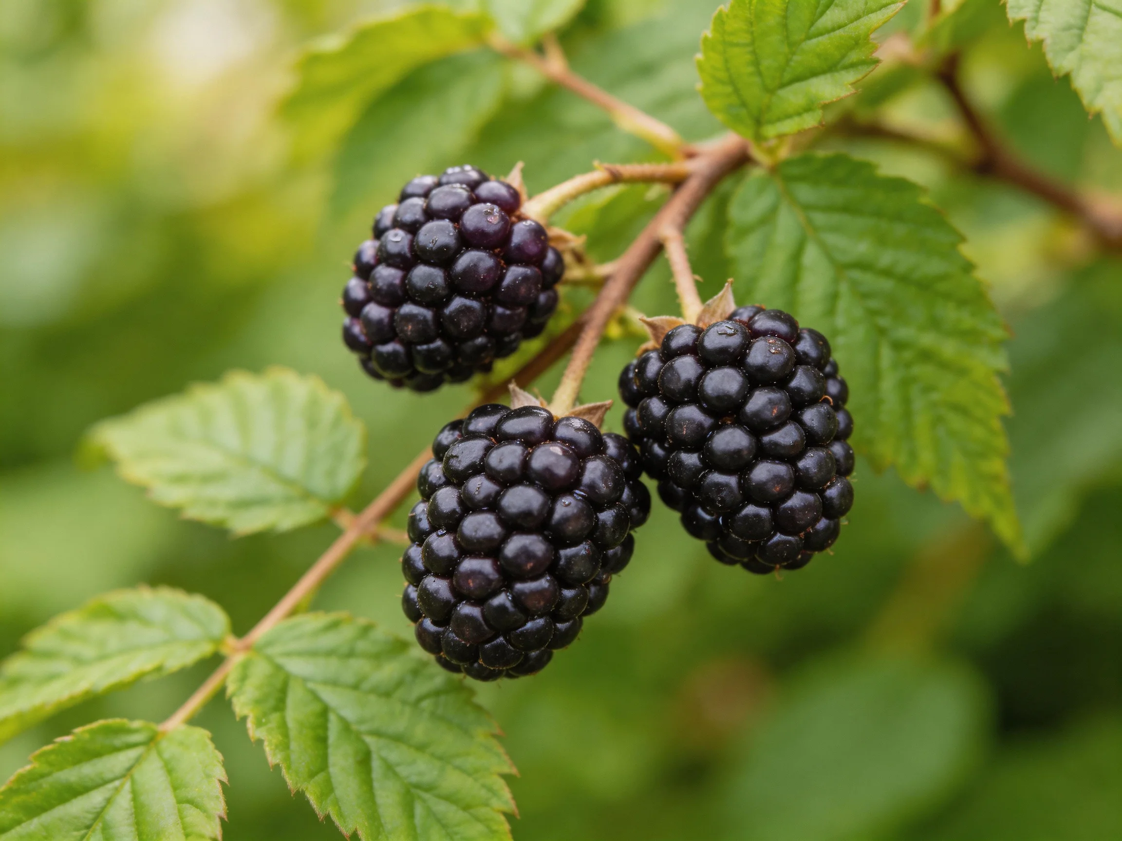 Three glossy blackberries cluster on a branch amid green foliage