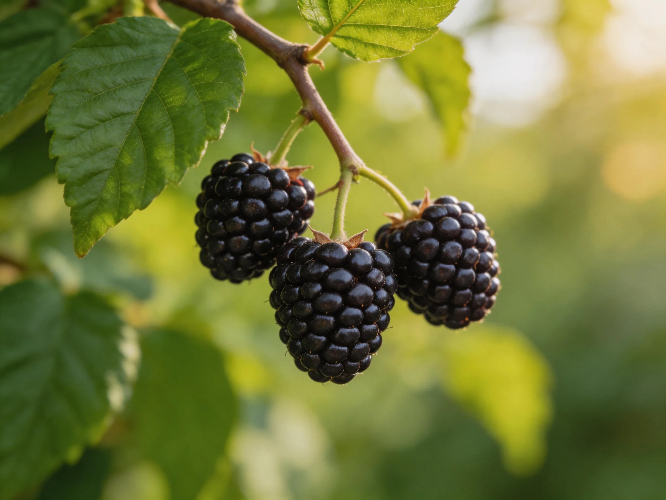 Three glossy blackberries cluster on a branch with bright green leaves