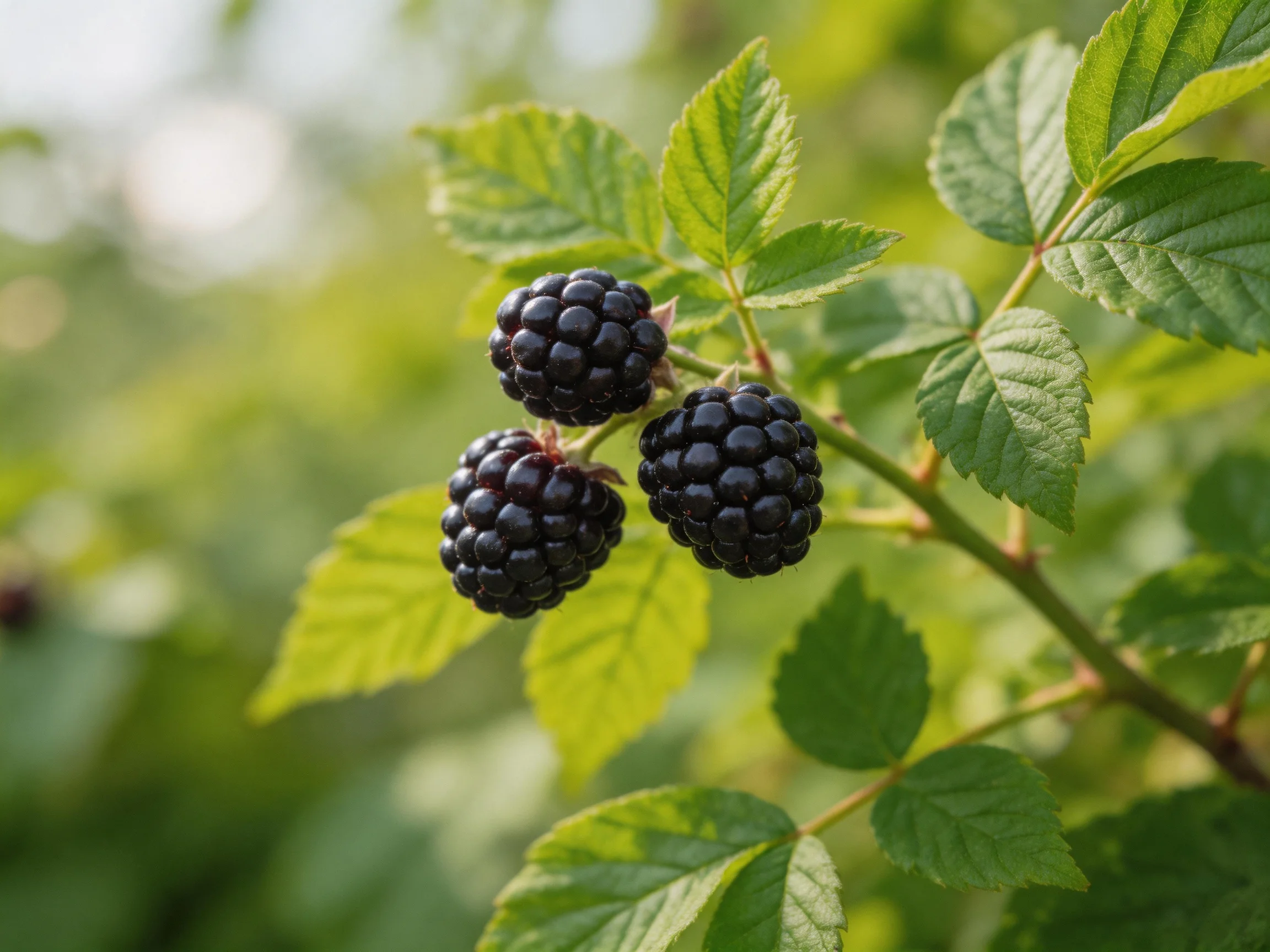 Three glossy blackberries cluster on a leafy branch in bright daylight