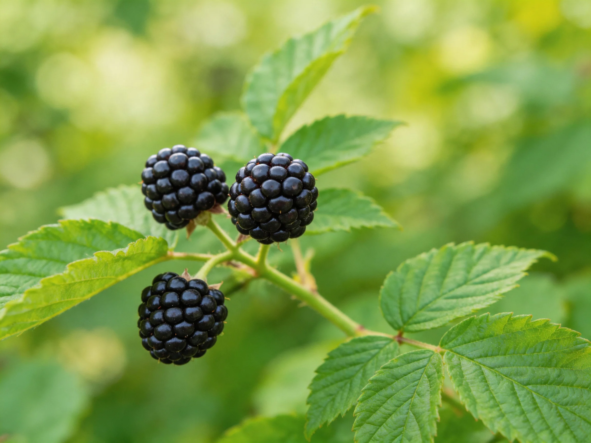 Three glossy blackberries cluster on a leafy green branch