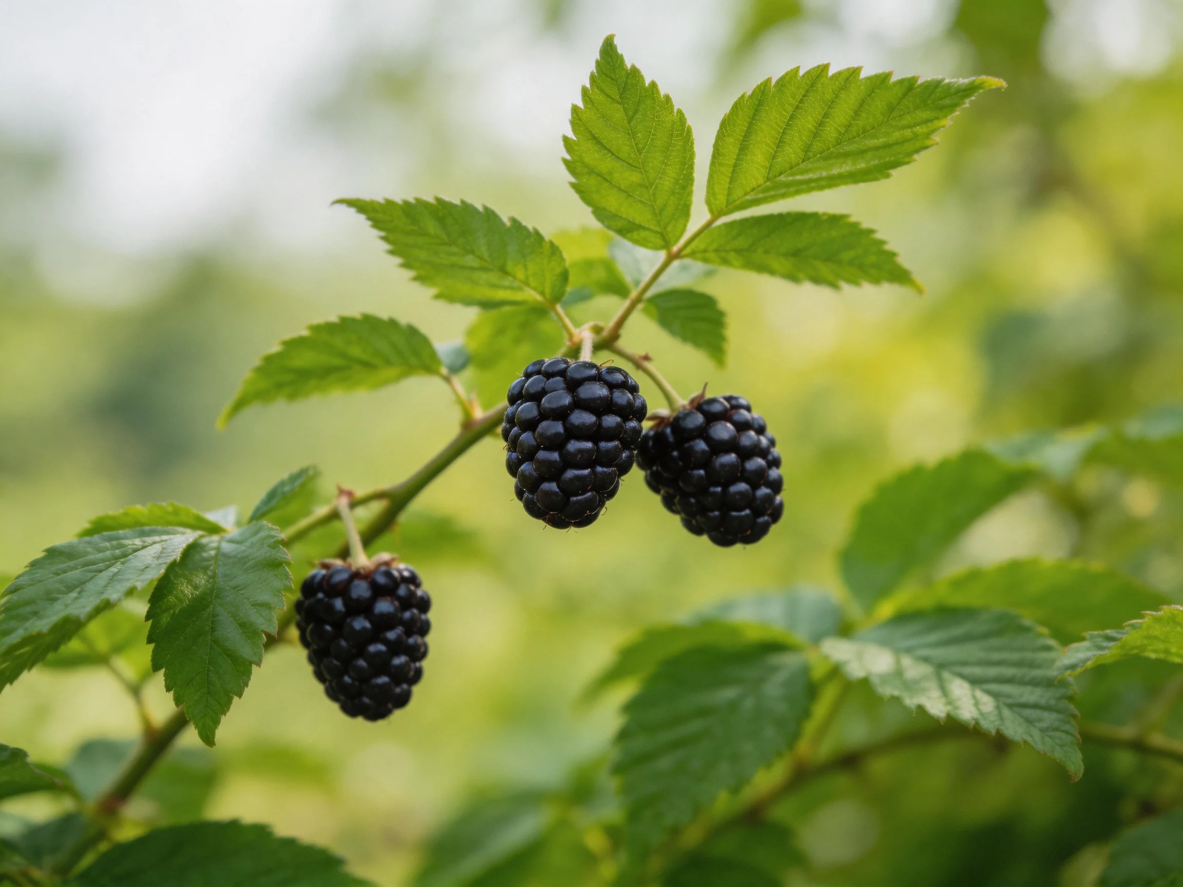 Three glossy blackberries hang among vibrant green foliage
