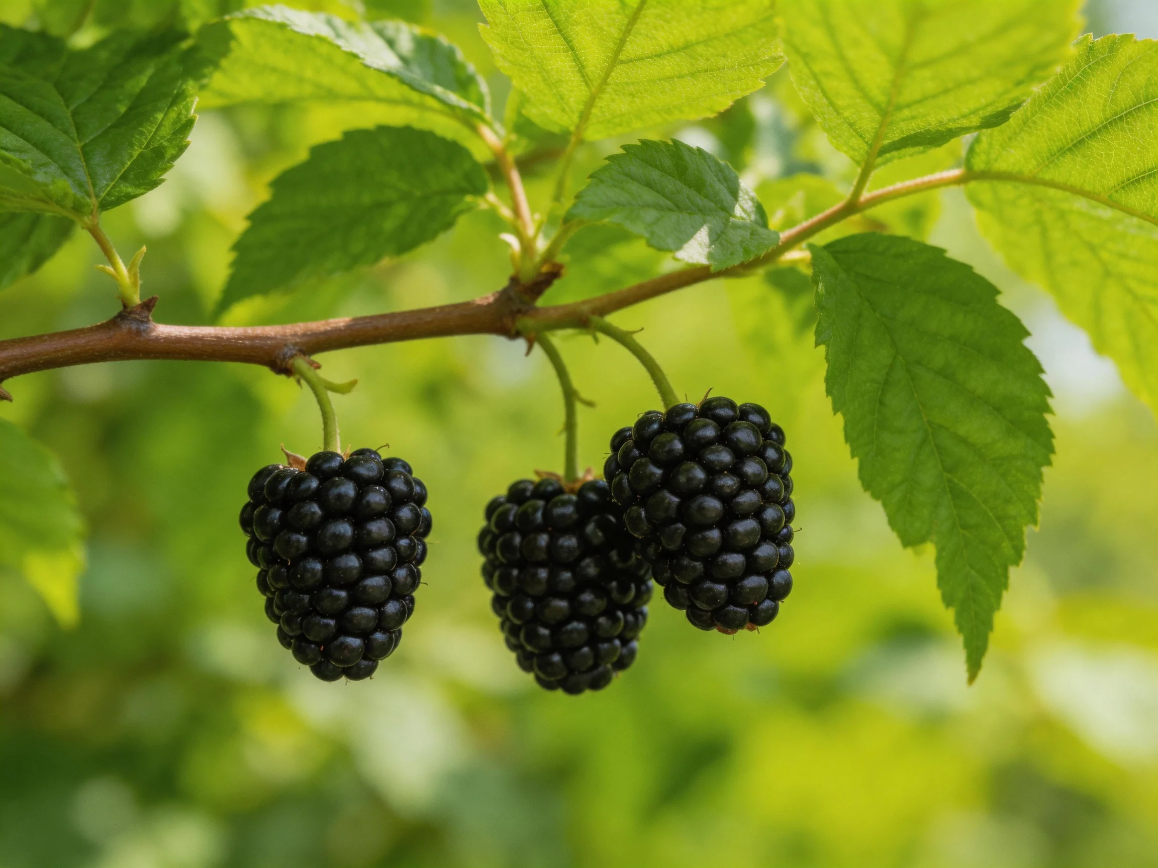 Three glossy blackberries hang from a branch with vibrant green leaves