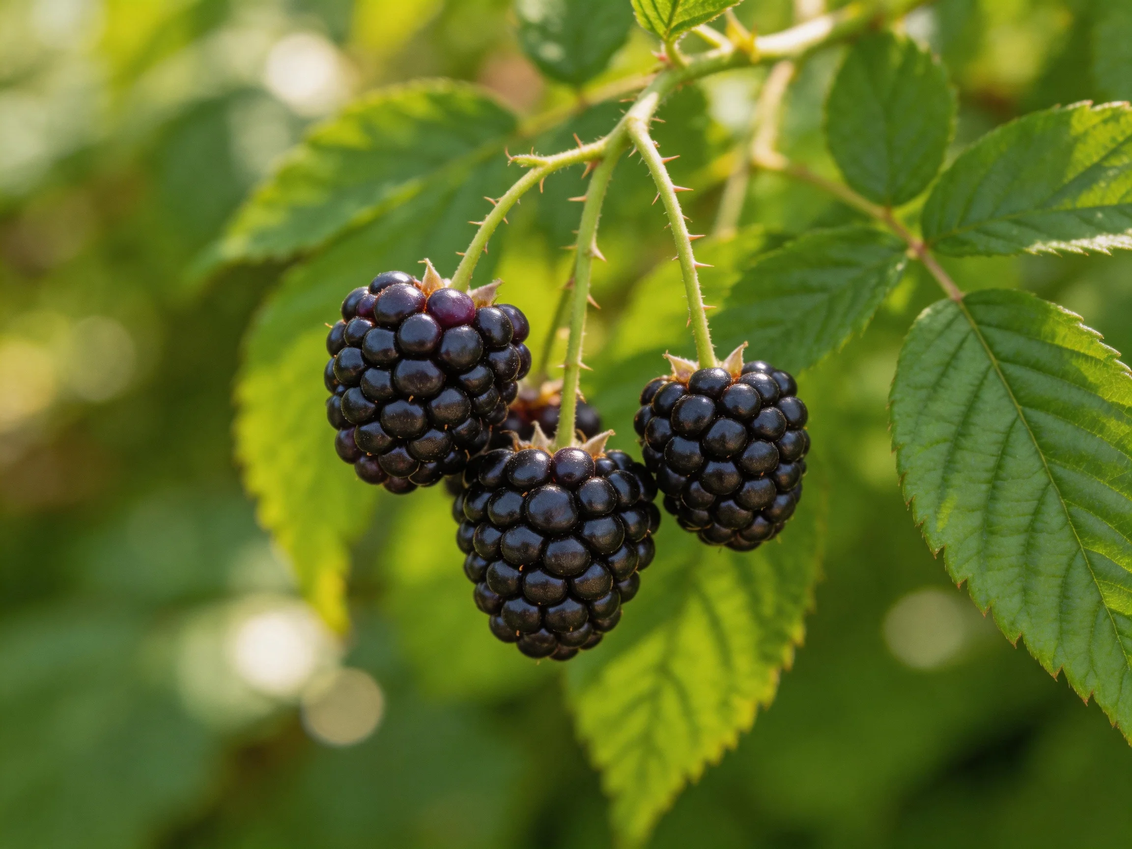 Three glossy blackberries hang from thorny stems amid lush green leaves