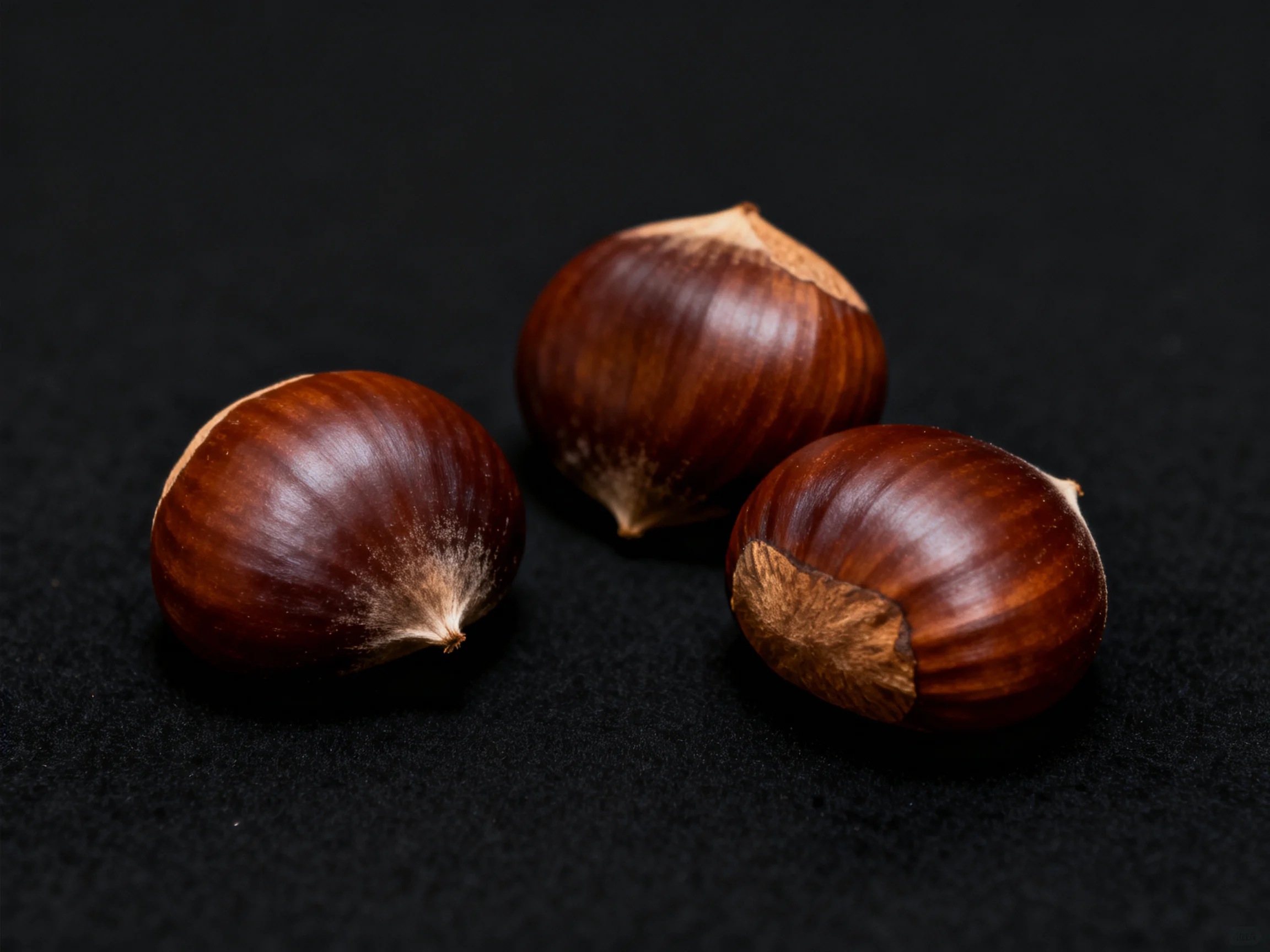 Three glossy brown chestnuts on a dark surface