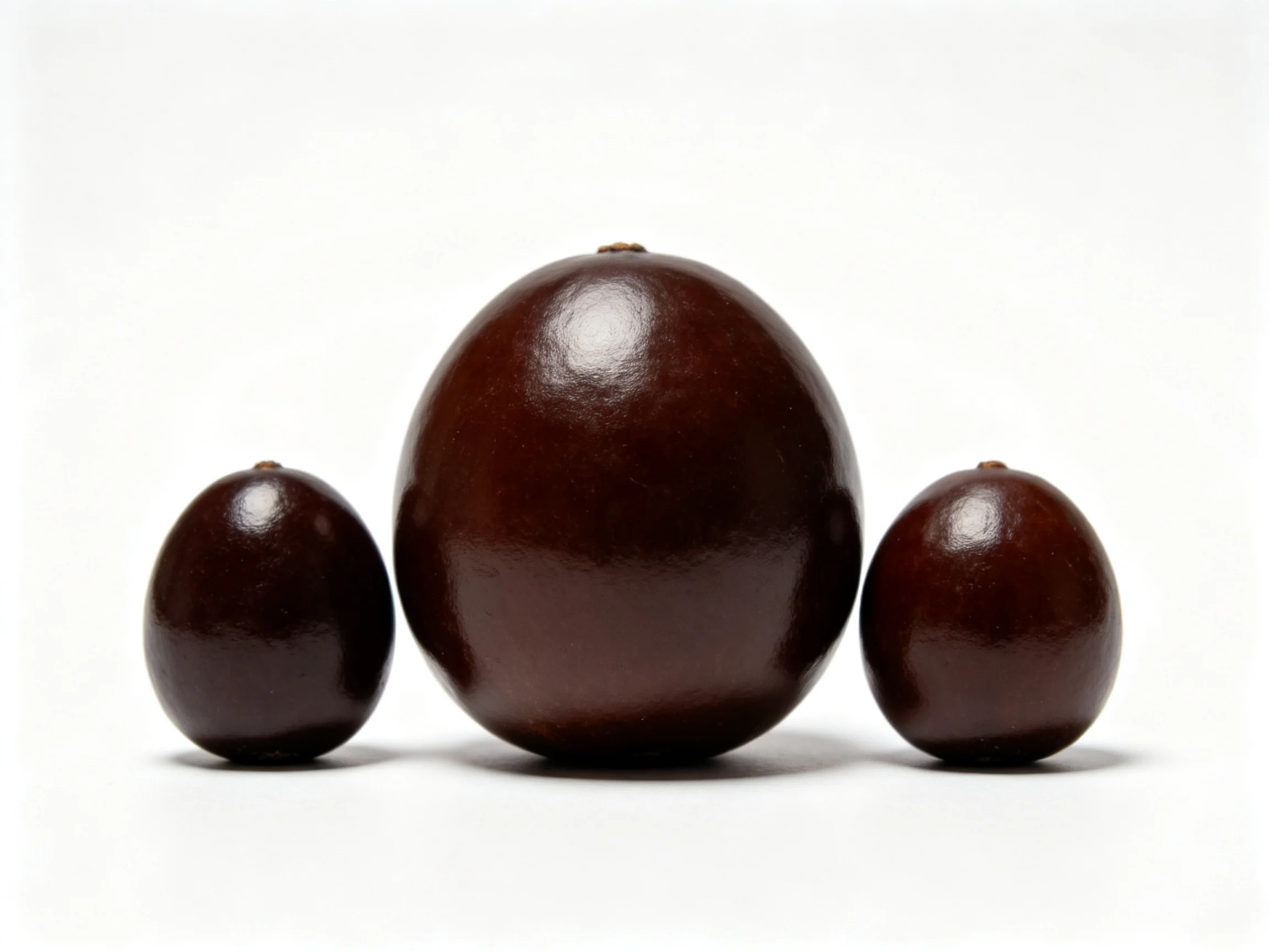 Three glossy dark brown spheres arranged symmetrically on a white background