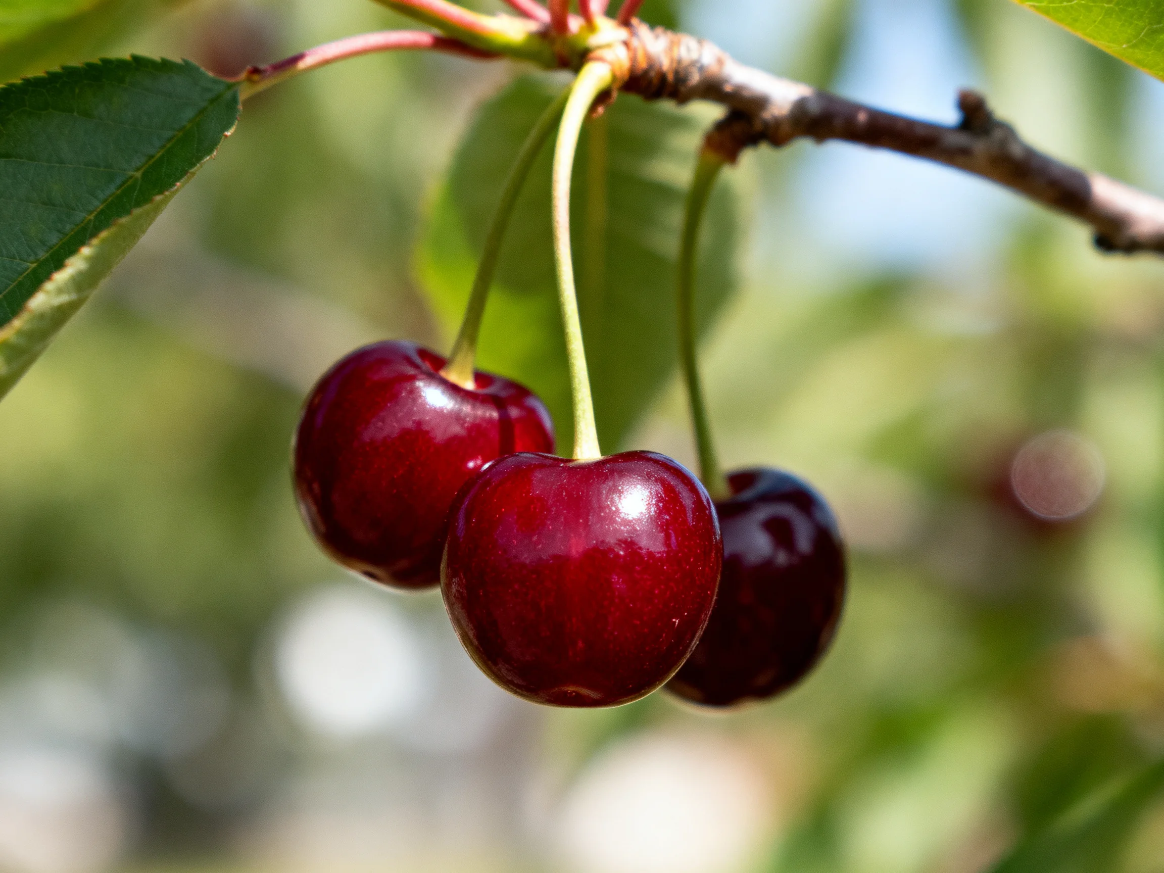 Three glossy dark red cherries hang from a tree branch