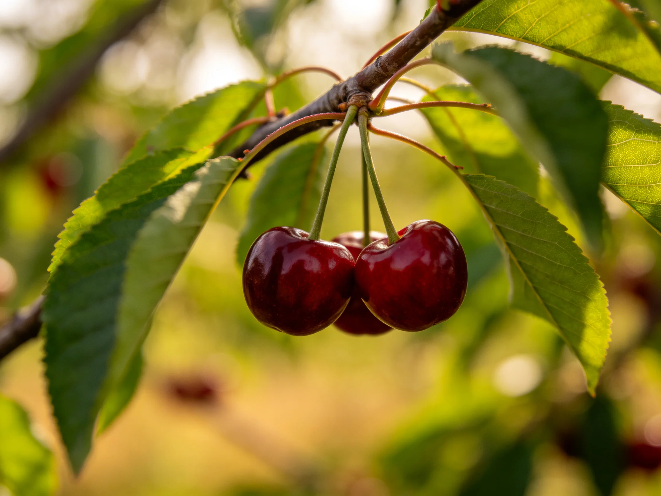 Three glossy dark red cherries hang from a tree branch