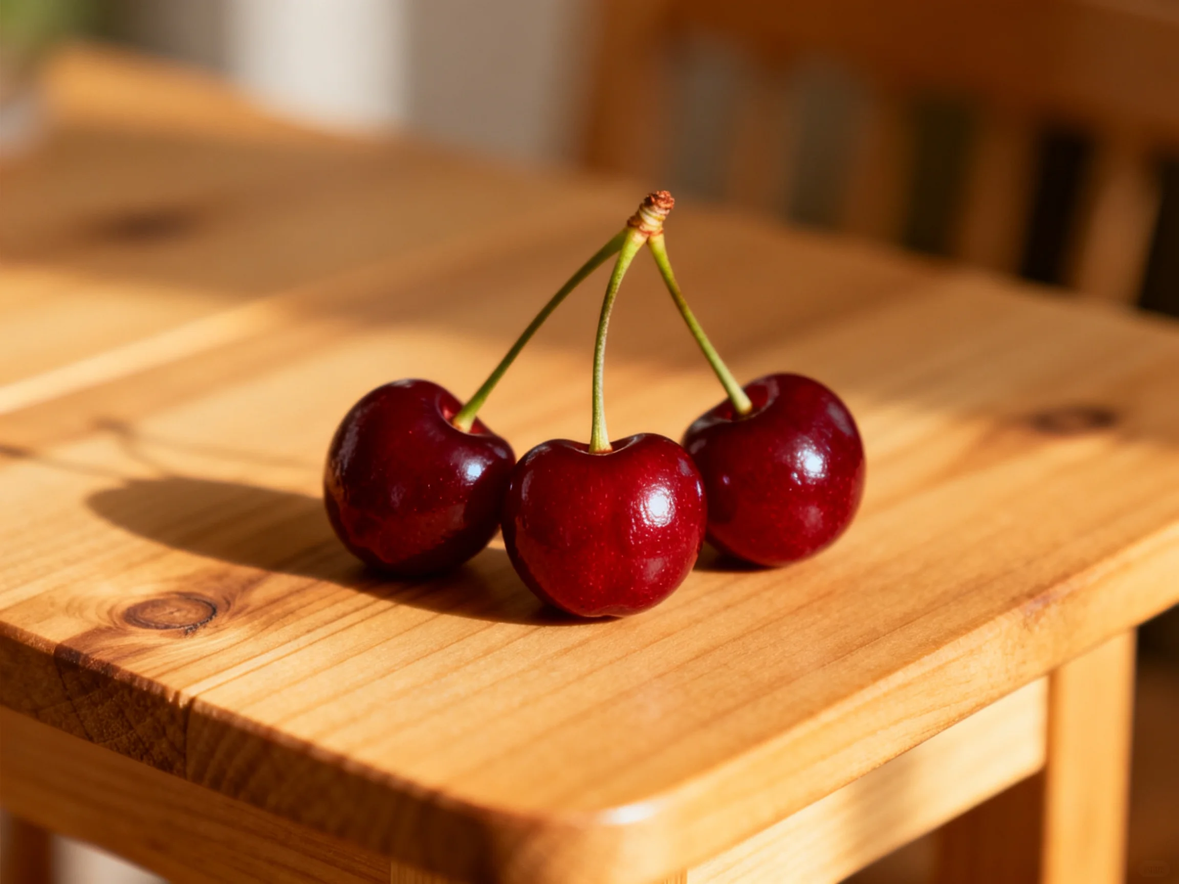 Three glossy dark red cherries on a polished wooden table