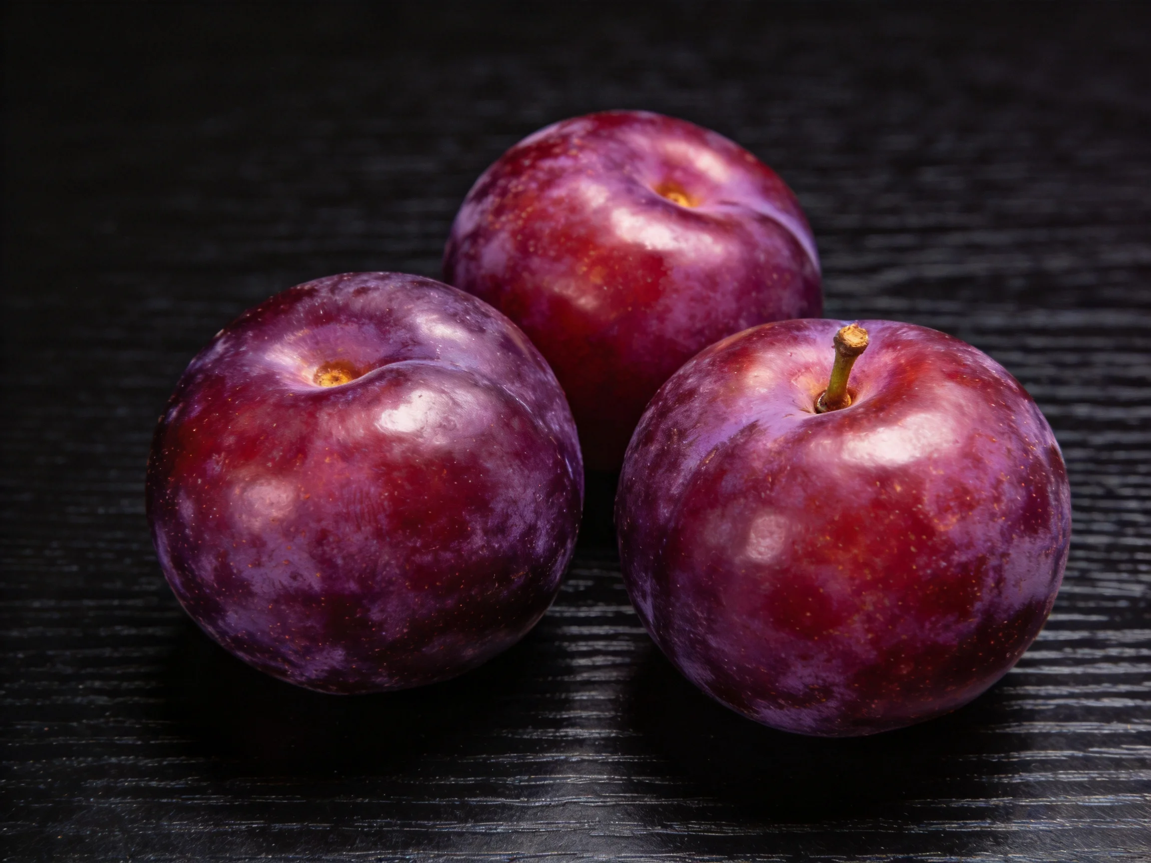 Three glossy deep-purple plums arranged on a dark wooden surface