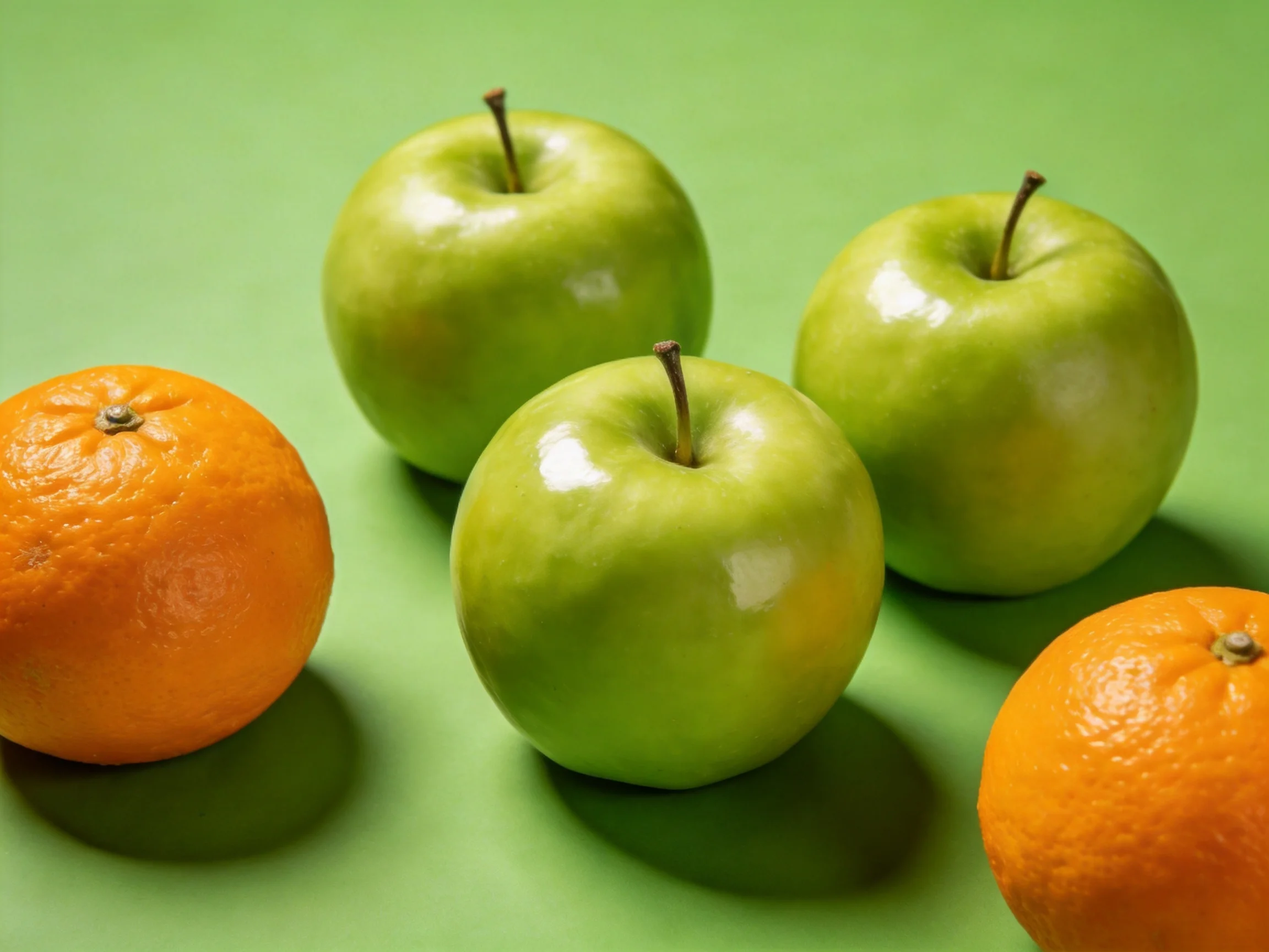 Three glossy green apples and two vibrant oranges on a solid green surface