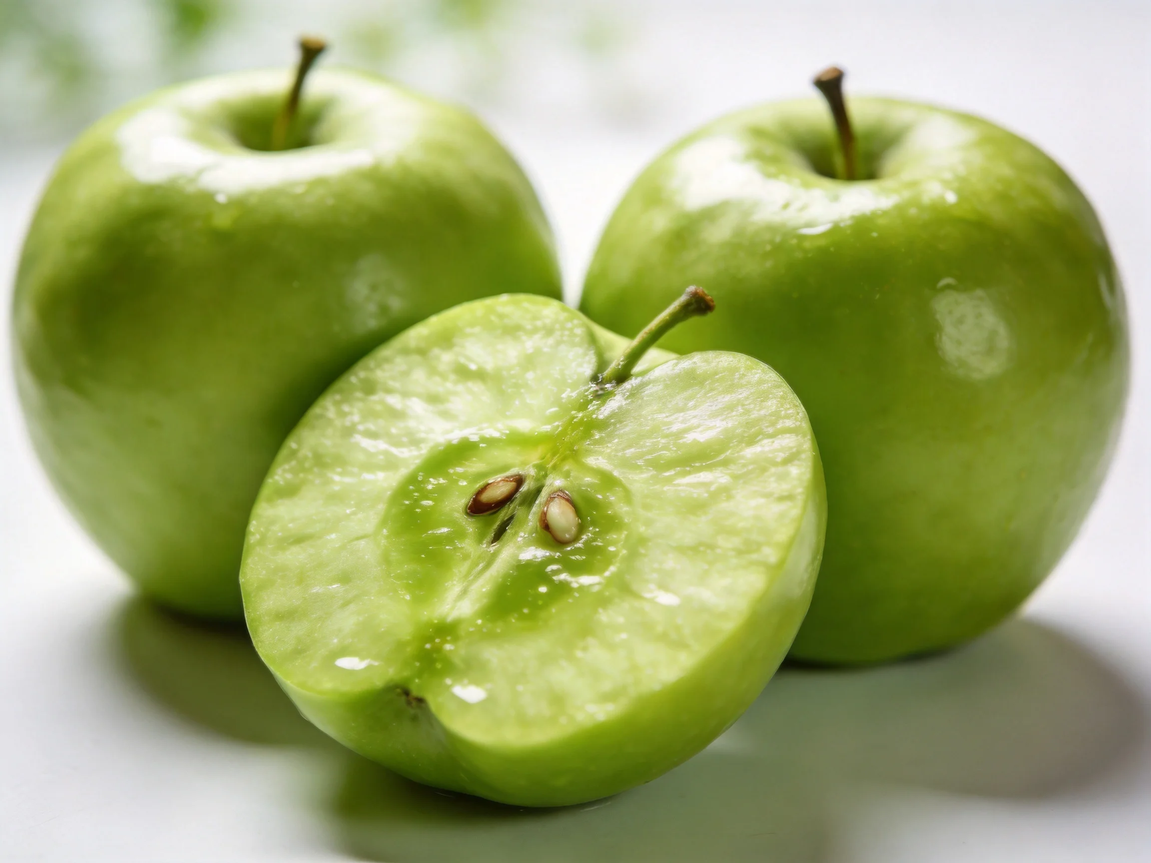 Three glossy green apples, one sliced to display seeds