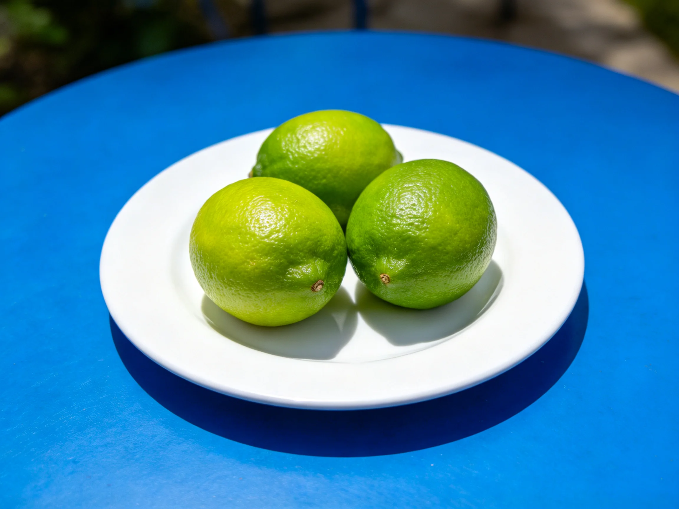 Three glossy green limes arranged on a white plate atop a bright blue table