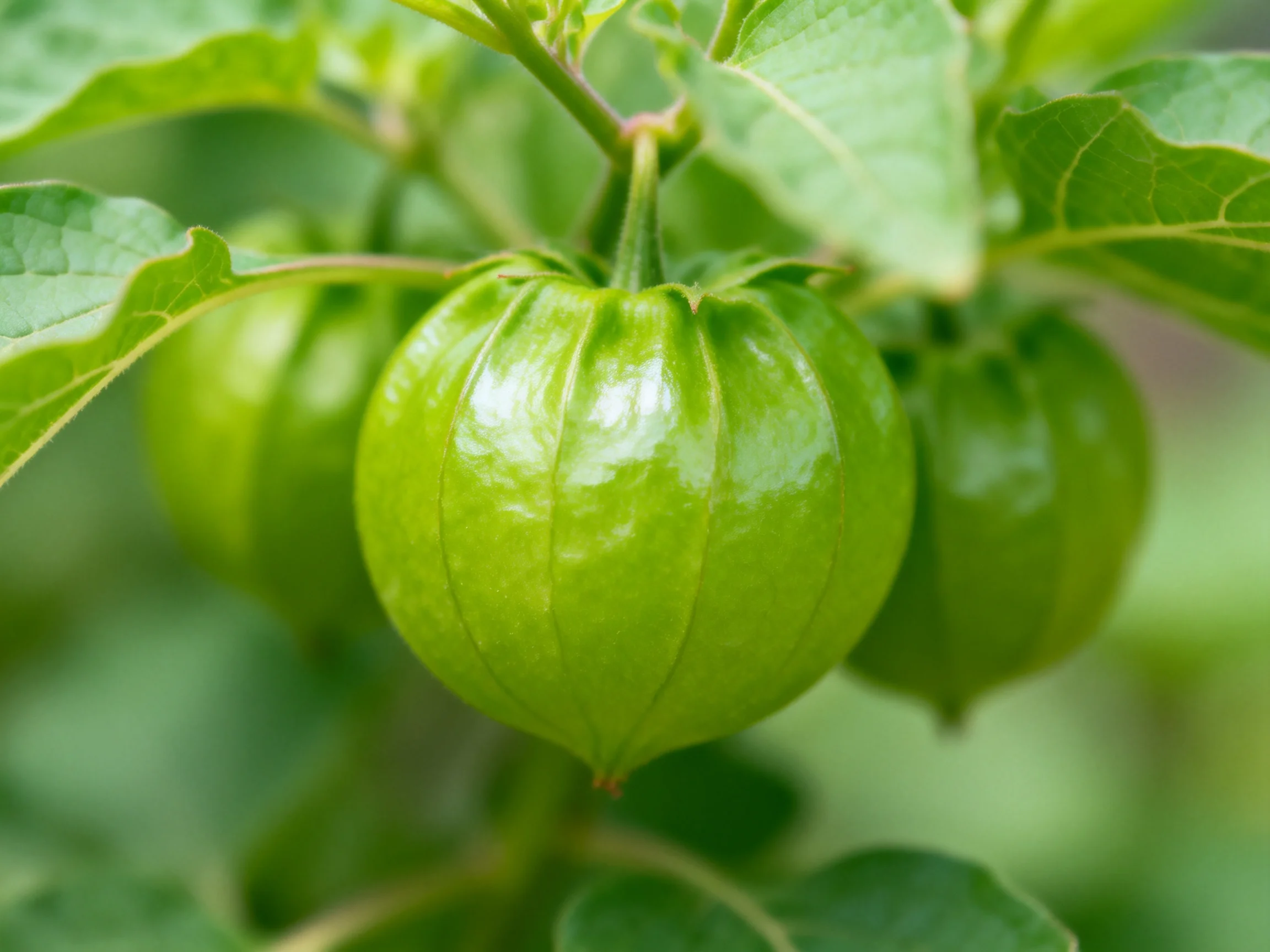 Three glossy green round fruits hang among broad green leaves