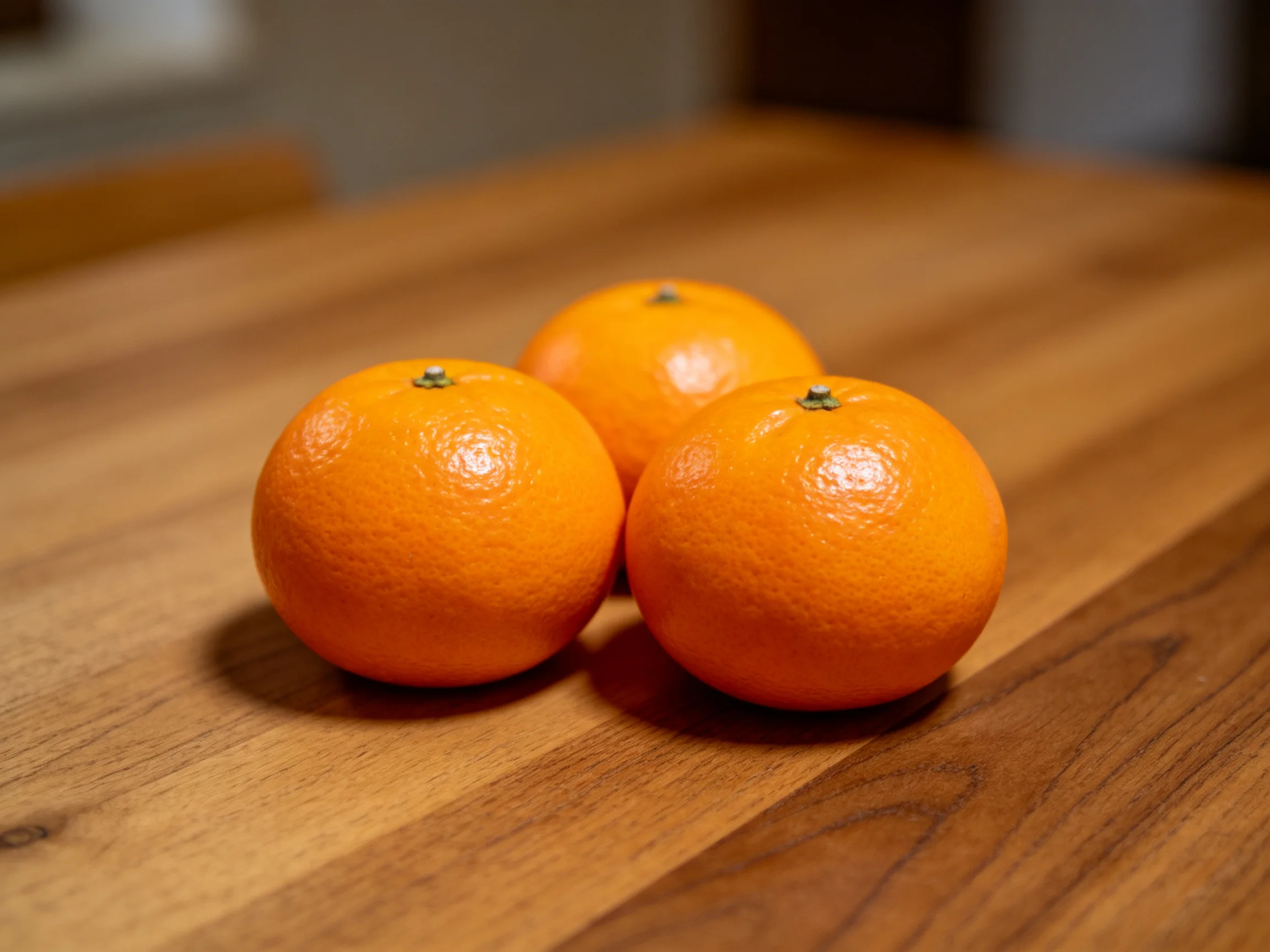 Three glossy orange citrus fruits on a wooden table