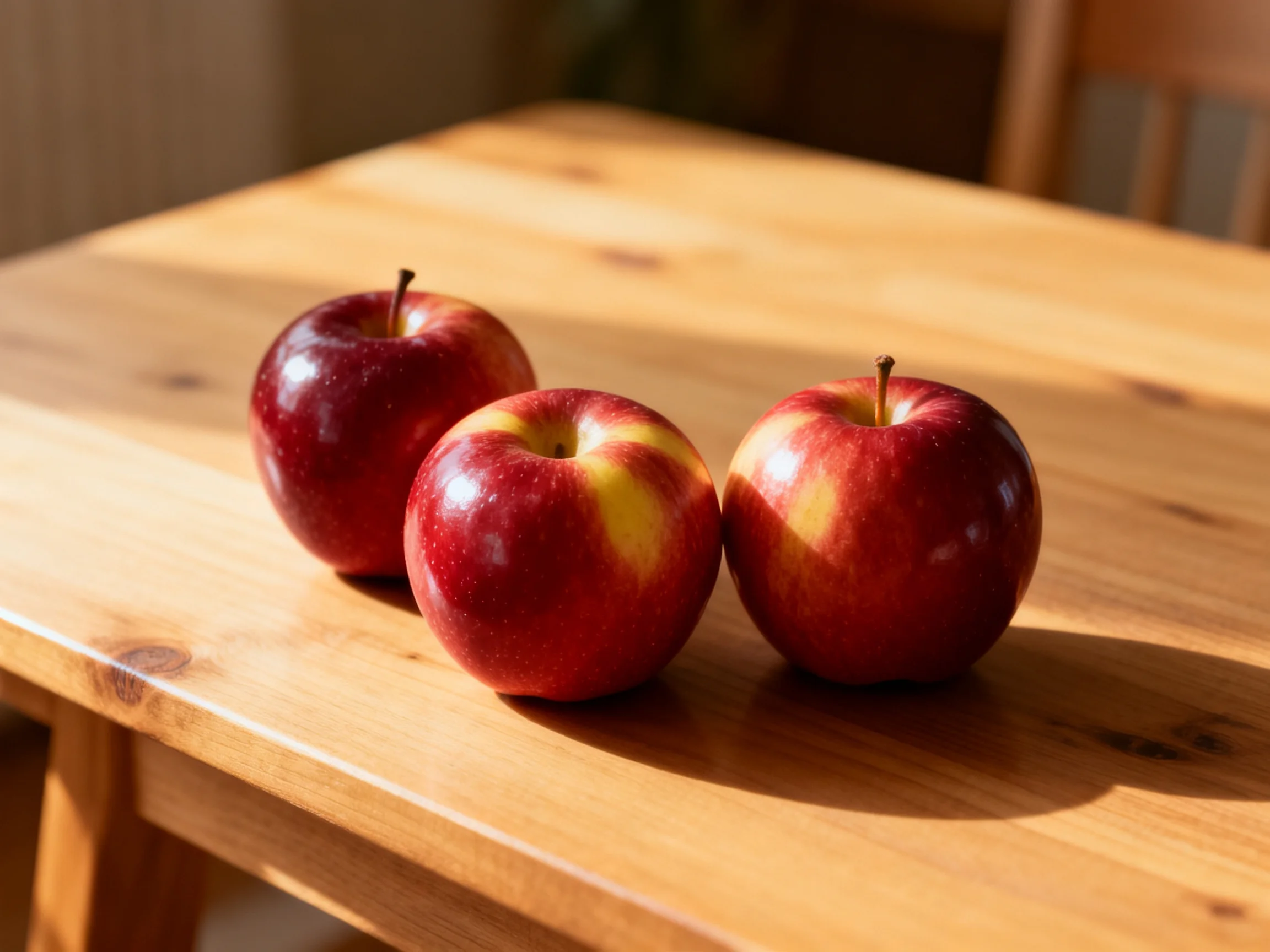 Three glossy red and yellow apples arranged on a wooden table