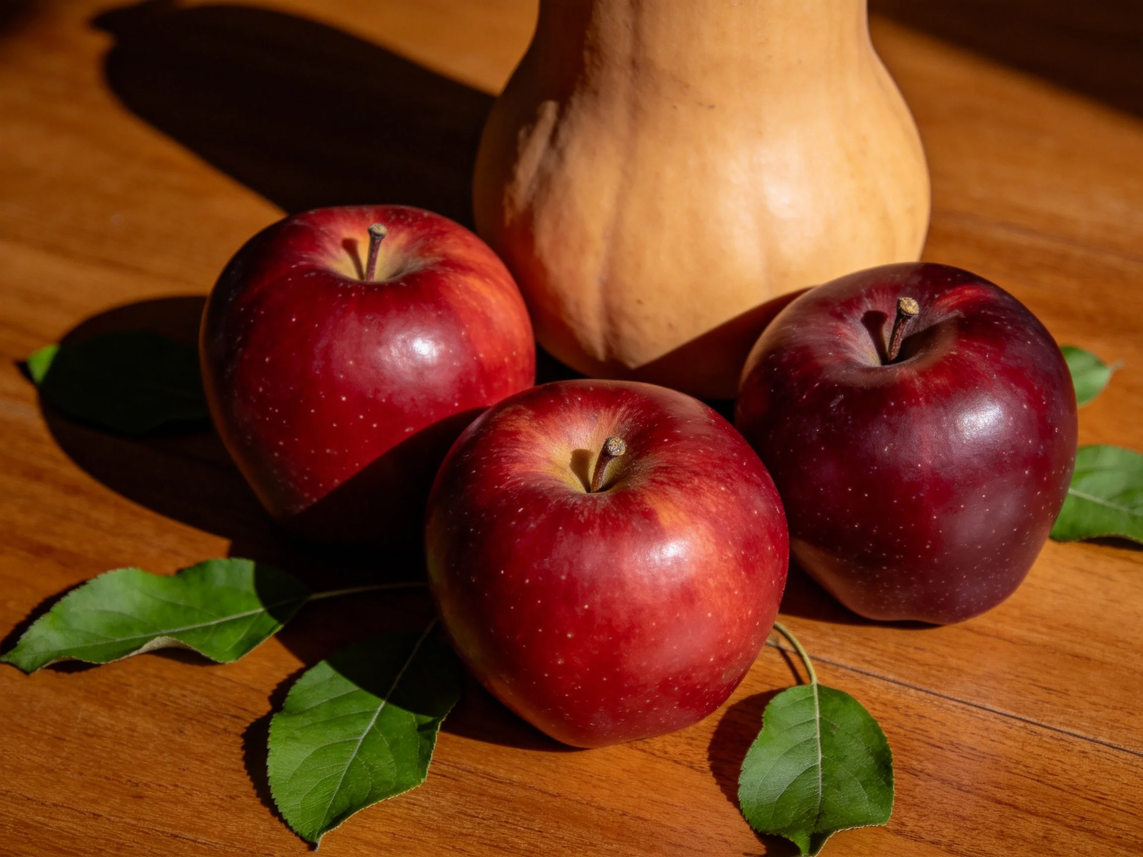 Three glossy red apples, a tan squash, and green leaves on a wooden table
