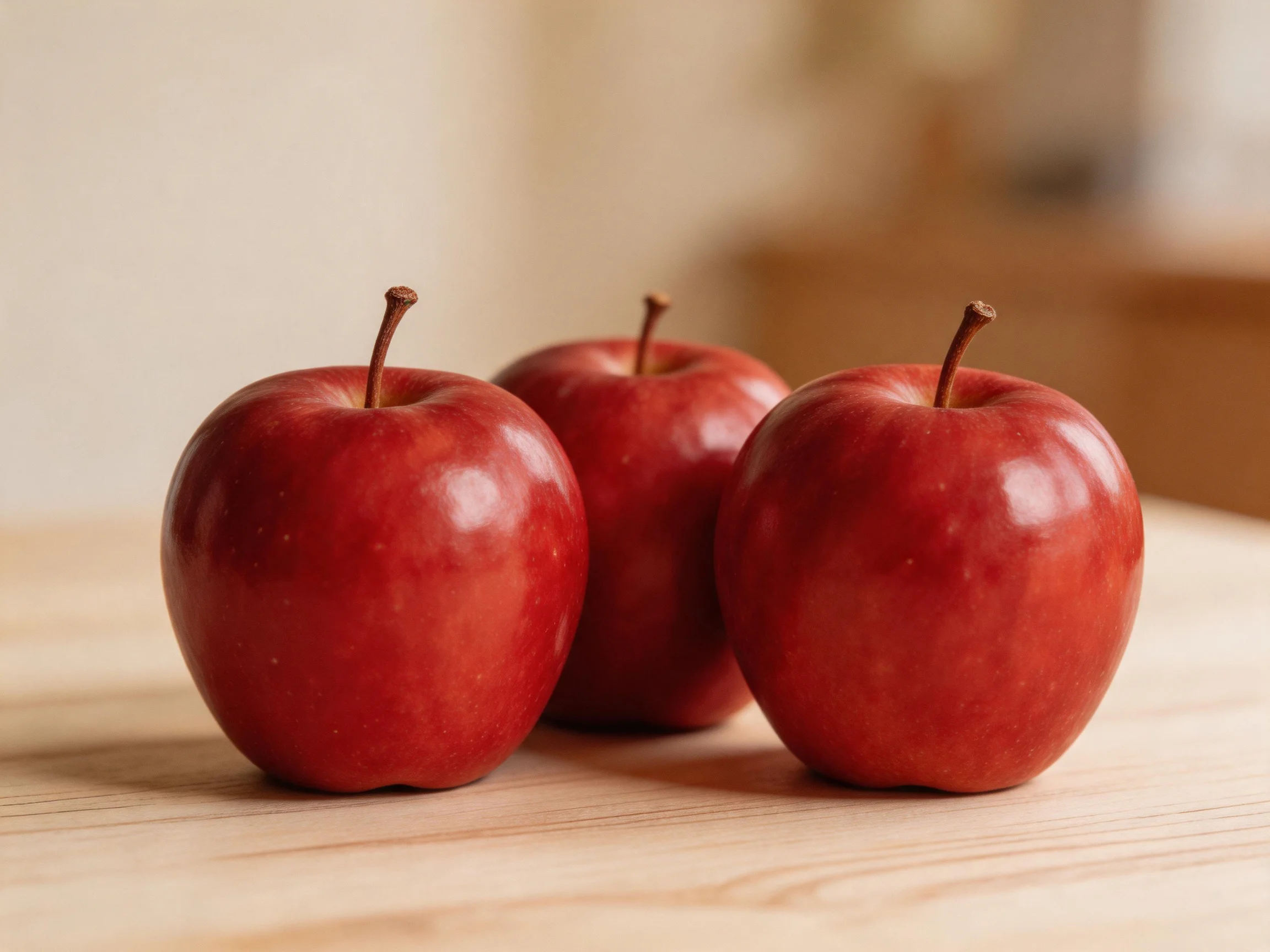 Three glossy red apples arranged on a light wooden surface