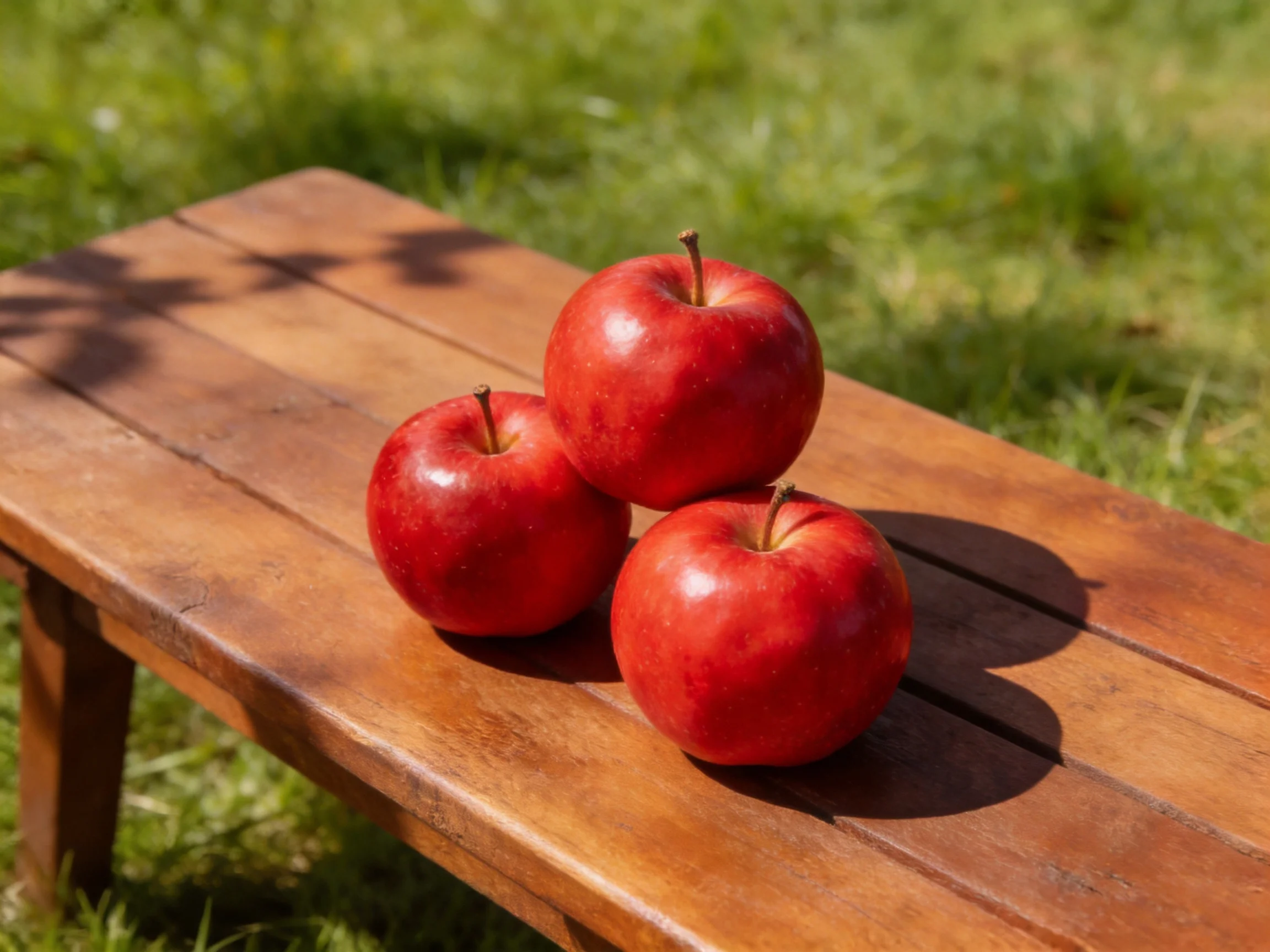 Three glossy red apples arranged on a polished wooden bench in a sunny outdoor setting
