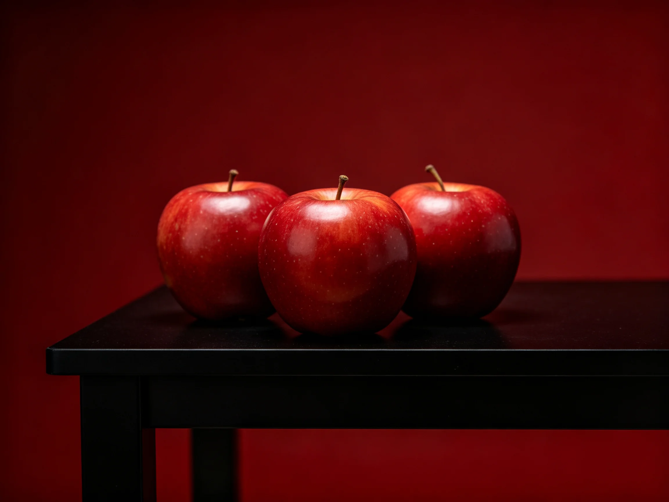 Three glossy red apples arranged on a sleek black table against a deep red backdrop