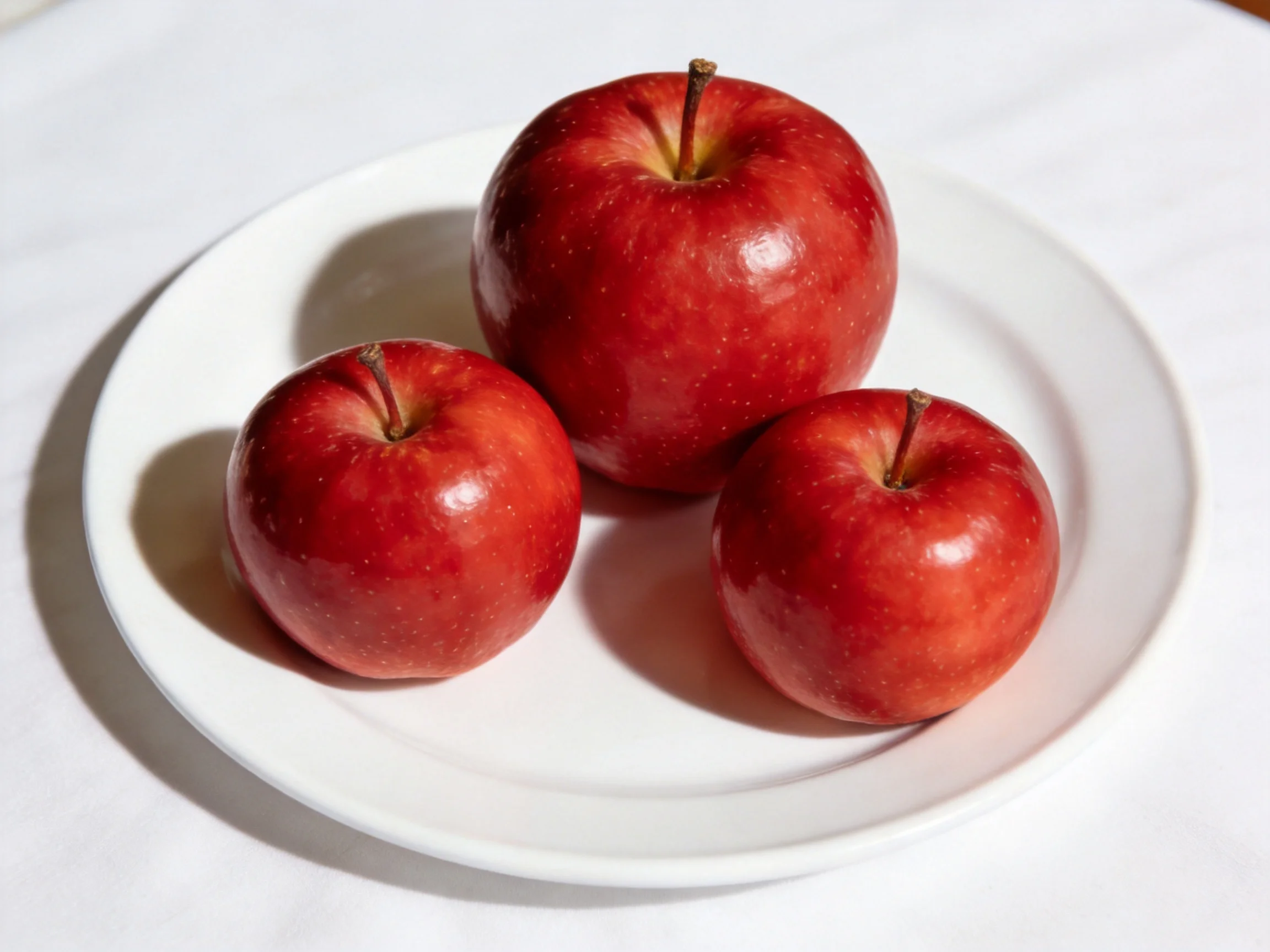 Three glossy red apples arranged on a white ceramic plate