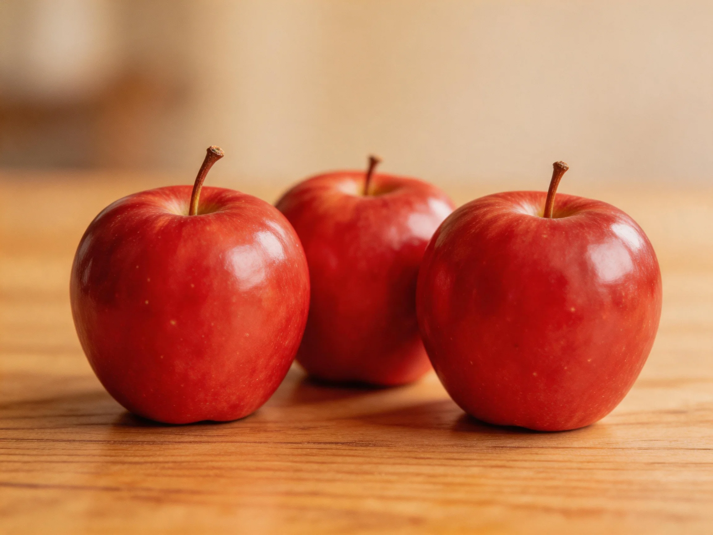 Three glossy red apples arranged on a wooden surface
